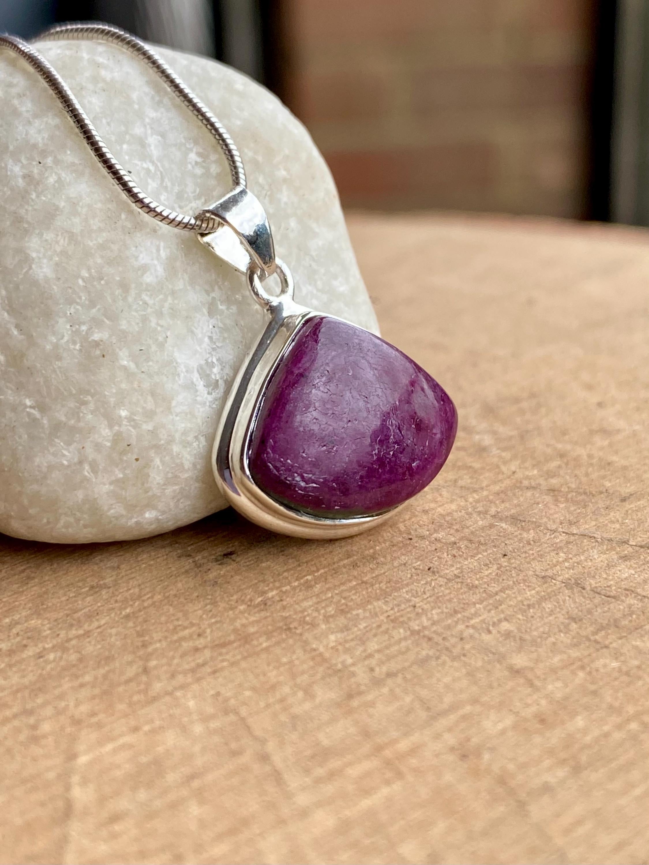 Teardrop African Ruby Pendant: Sterling Silver Necklace, July Birthstone