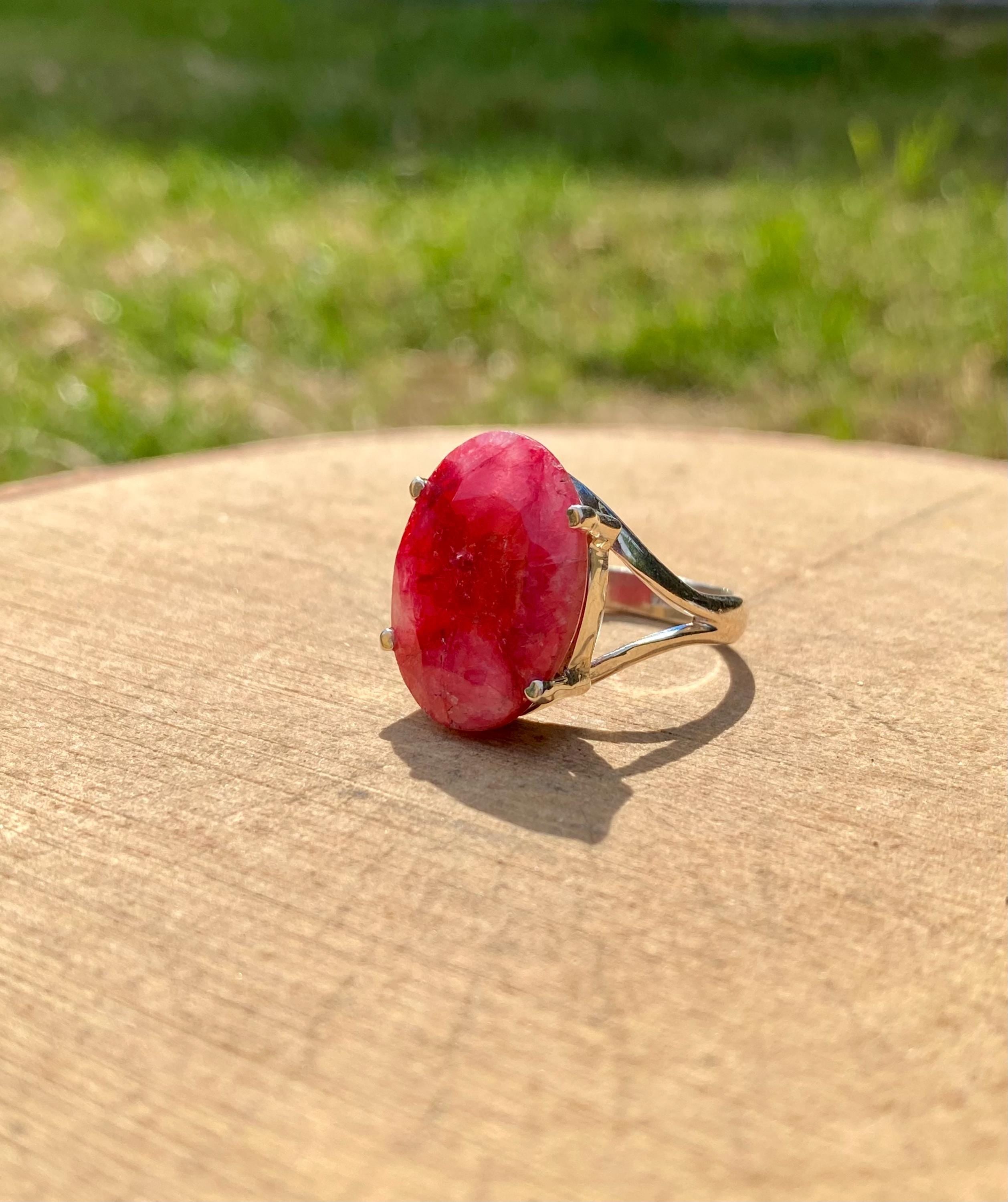 Oval Raw Ruby 925 Silver Ring