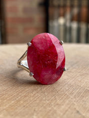 Oval Raw Ruby 925 Silver Ring