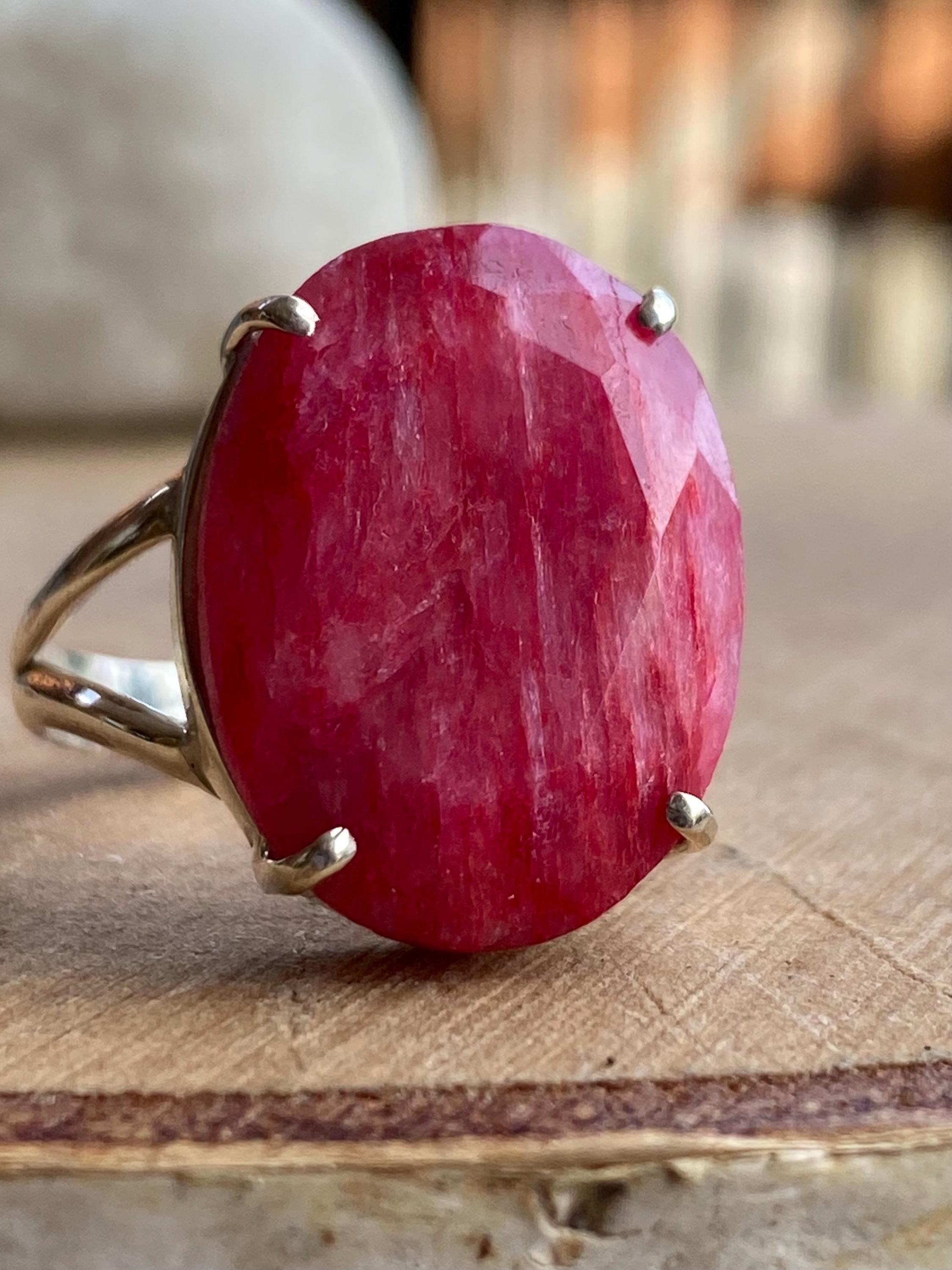 Raw Ruby Ring, Oval 19mm x 14mm, 925 Sterling Silver, Handmade UK
