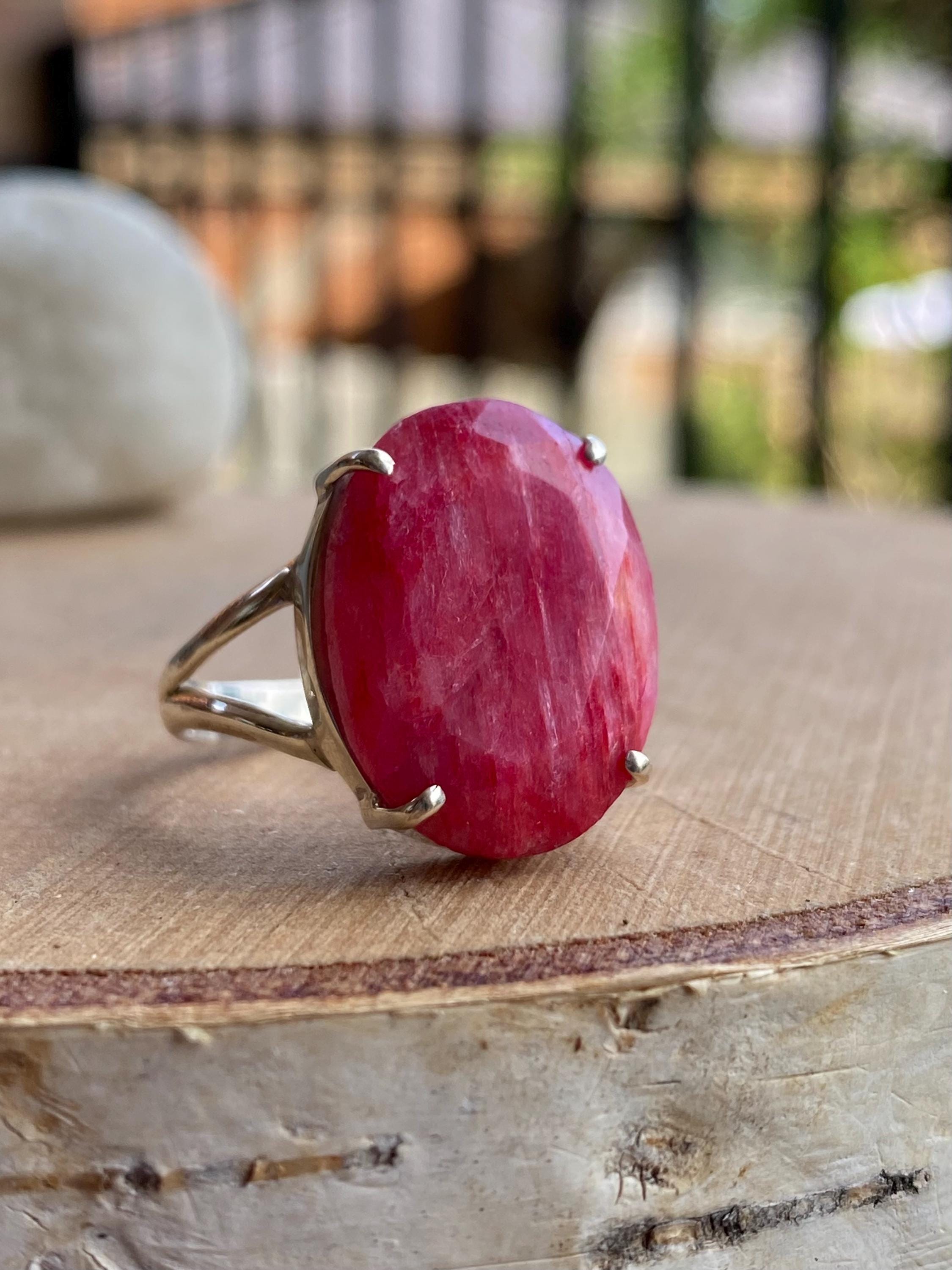 Raw Ruby Ring, Oval 19mm x 14mm, 925 Sterling Silver, Handmade UK