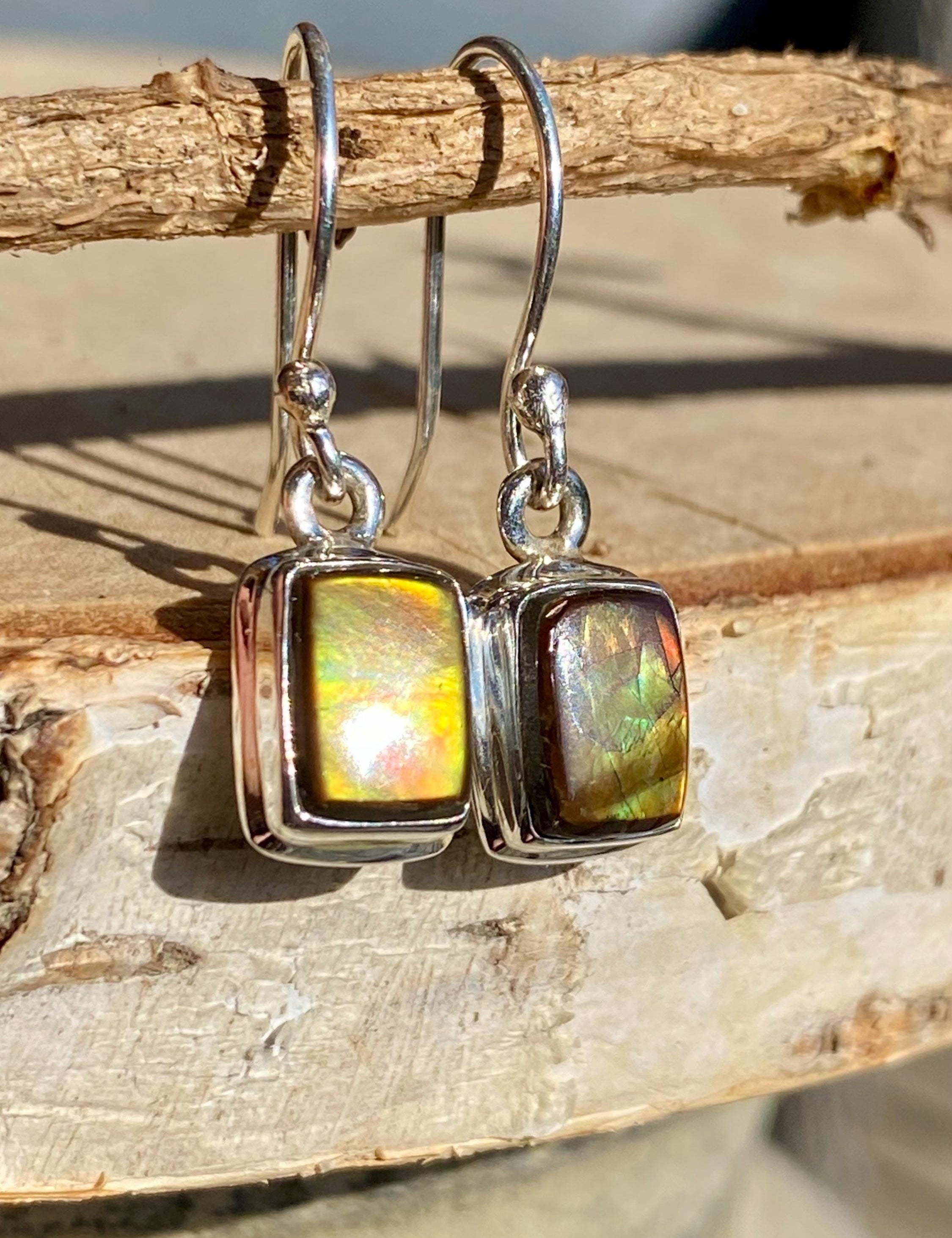 Ammolite Sterling Silver Rectangular Dangle Earrings