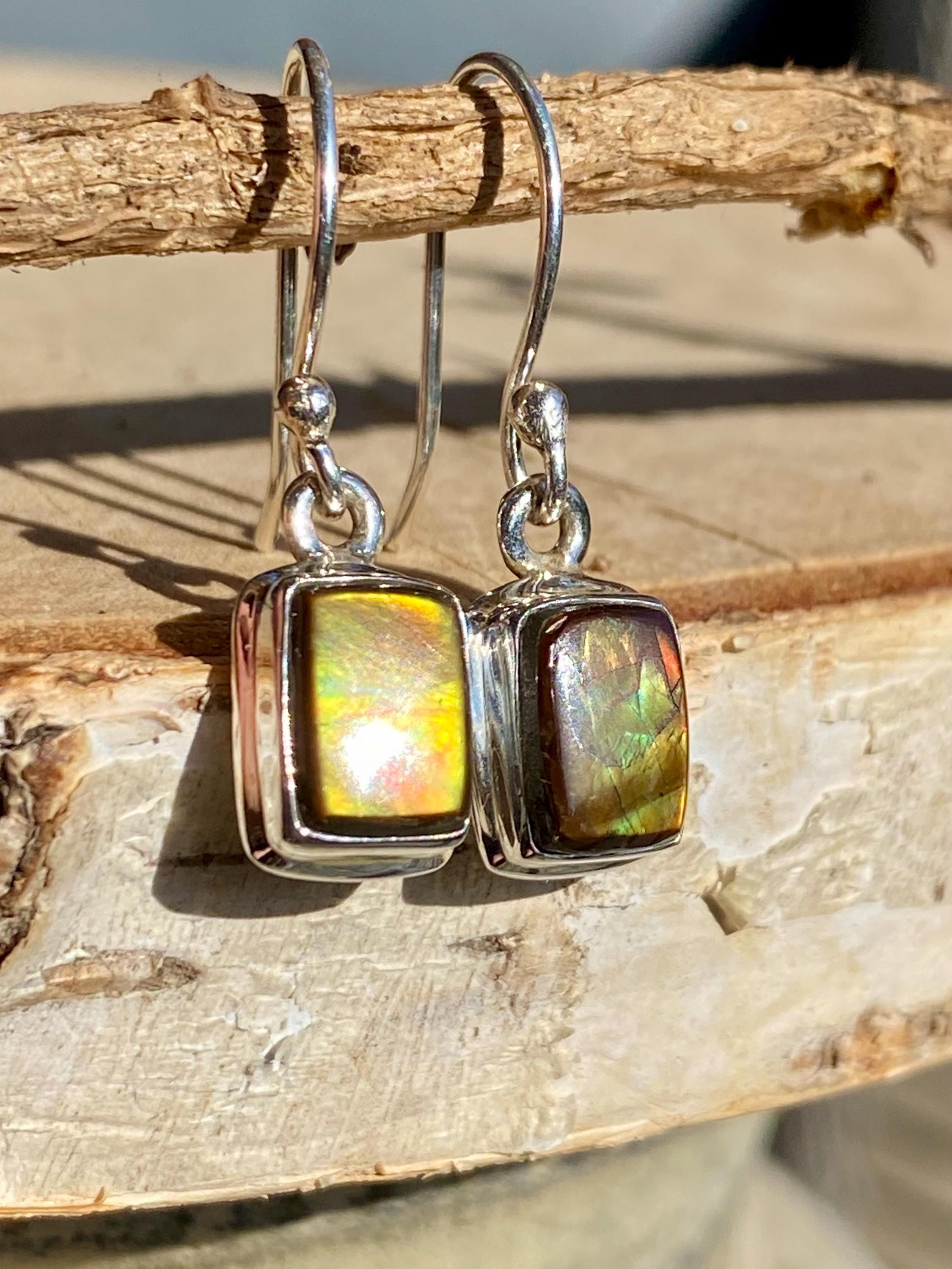 Ammolite Sterling Silver Rectangular Dangle Earrings