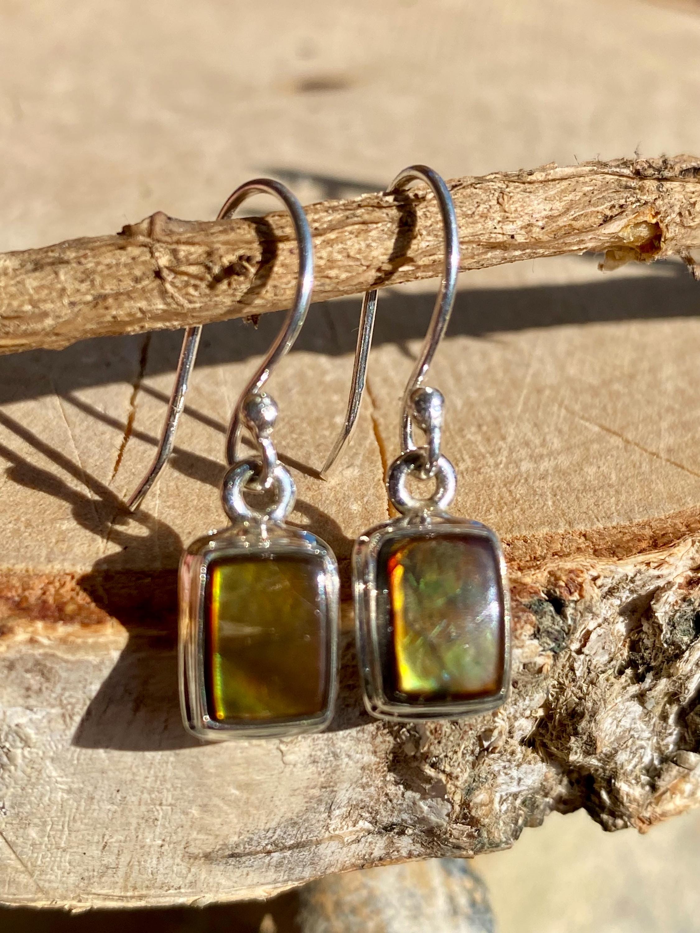 Ammolite Sterling Silver Rectangular Dangle Earrings