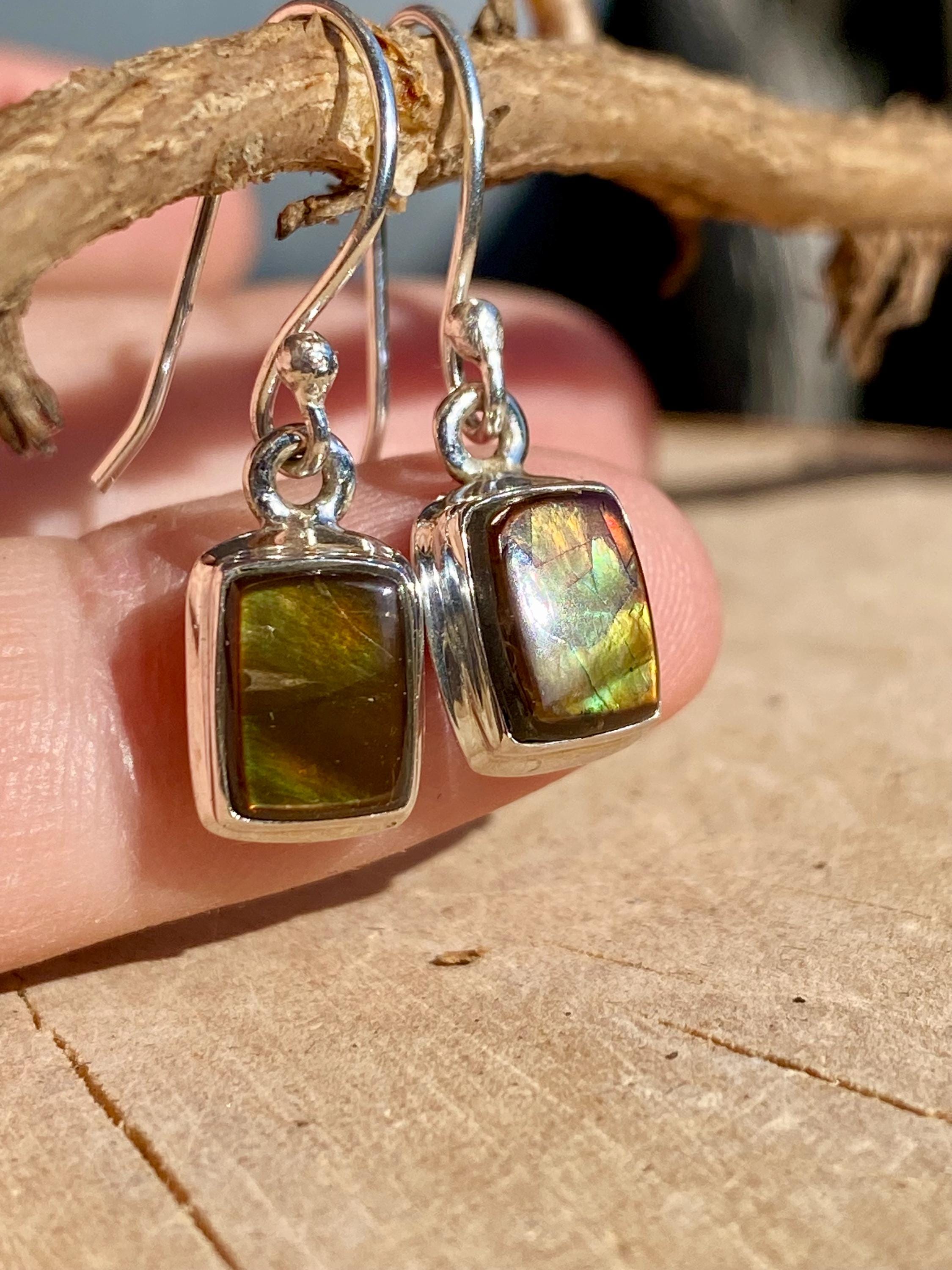 Ammolite Sterling Silver Rectangular Dangle Earrings