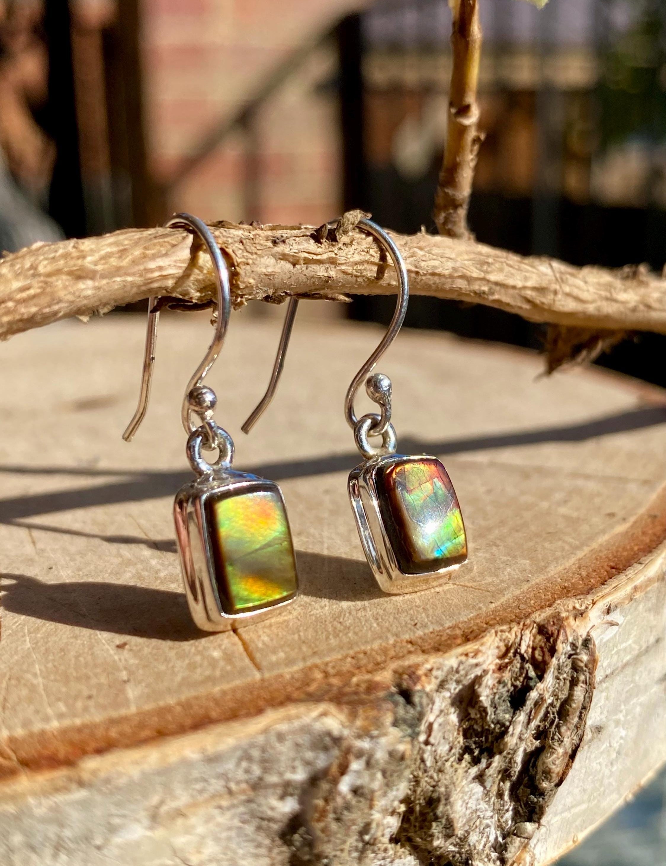 Ammolite Sterling Silver Rectangular Dangle Earrings