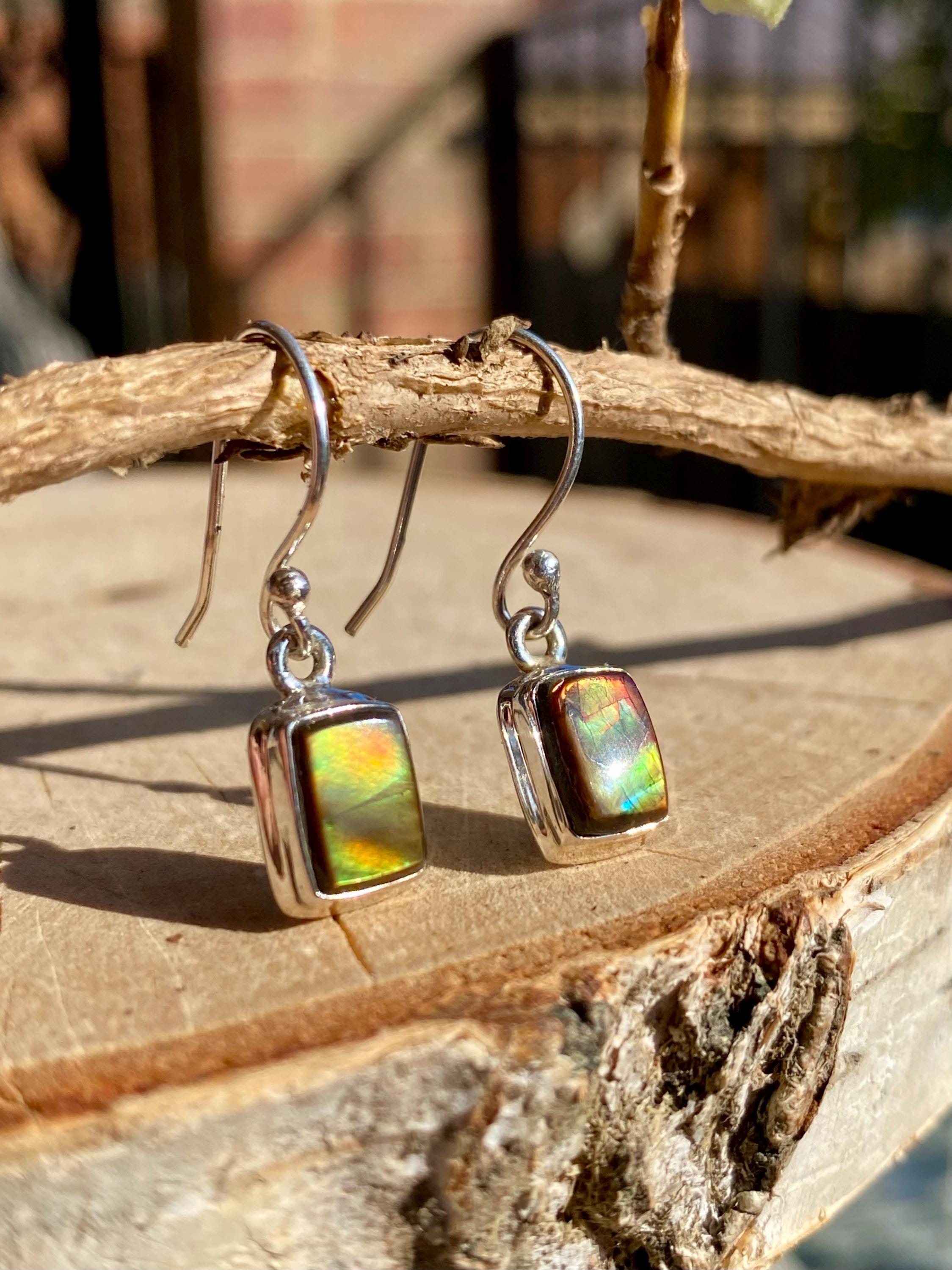 Ammolite Sterling Silver Rectangular Dangle Earrings