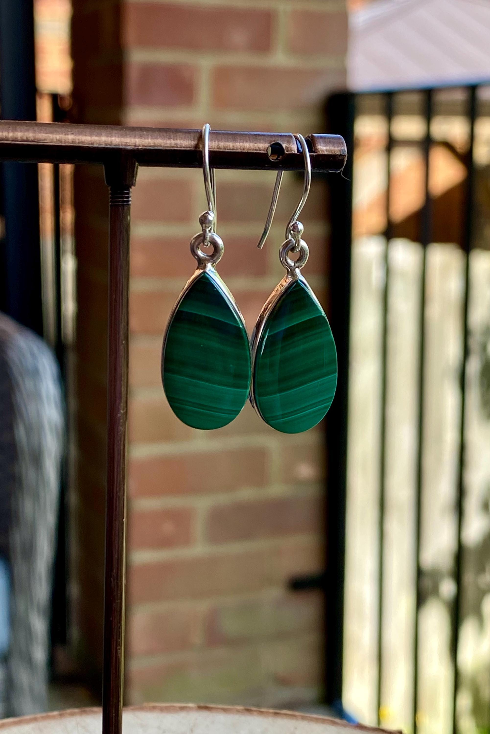 Natural Teardrop Malachite 925 Sterling Silver Dangle Earrings