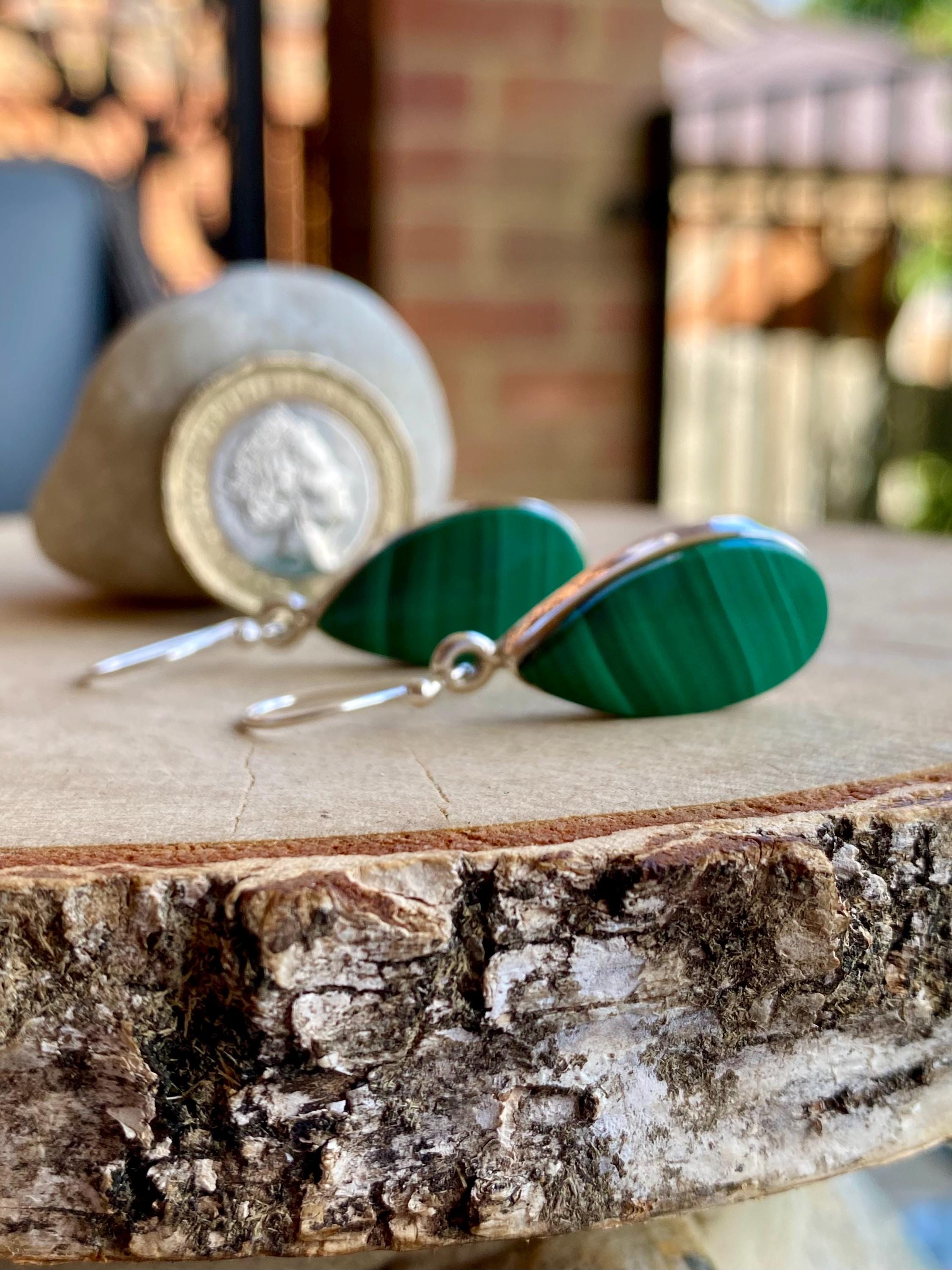 Natural Teardrop Malachite 925 Sterling Silver Dangle Earrings