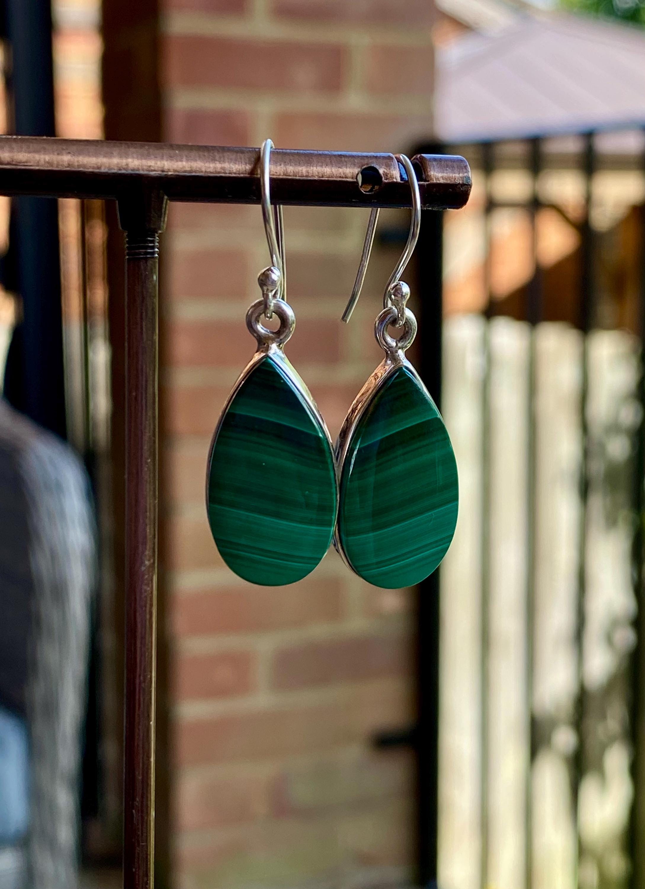Natural Teardrop Malachite 925 Sterling Silver Dangle Earrings