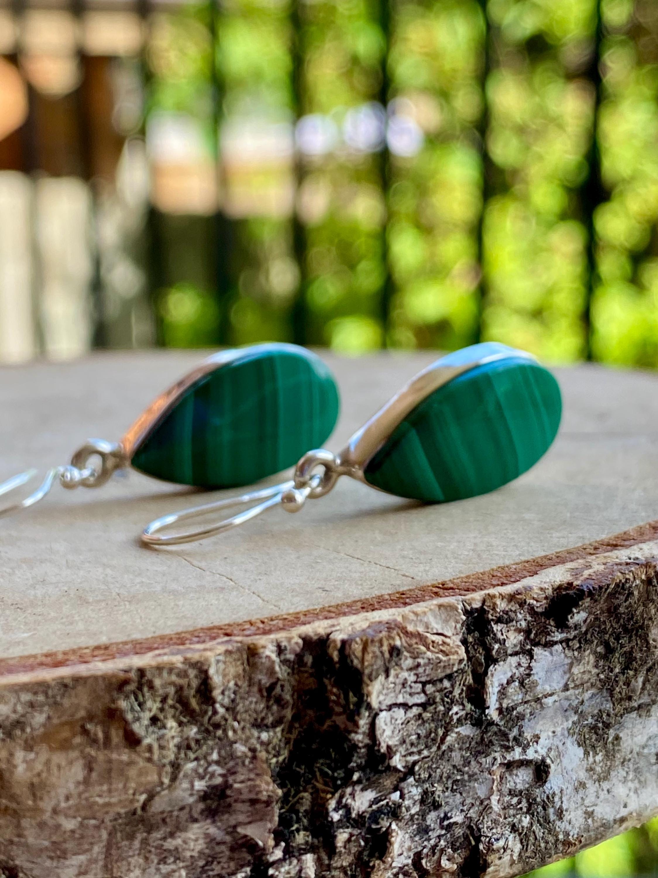 Natural Teardrop Malachite 925 Sterling Silver Dangle Earrings