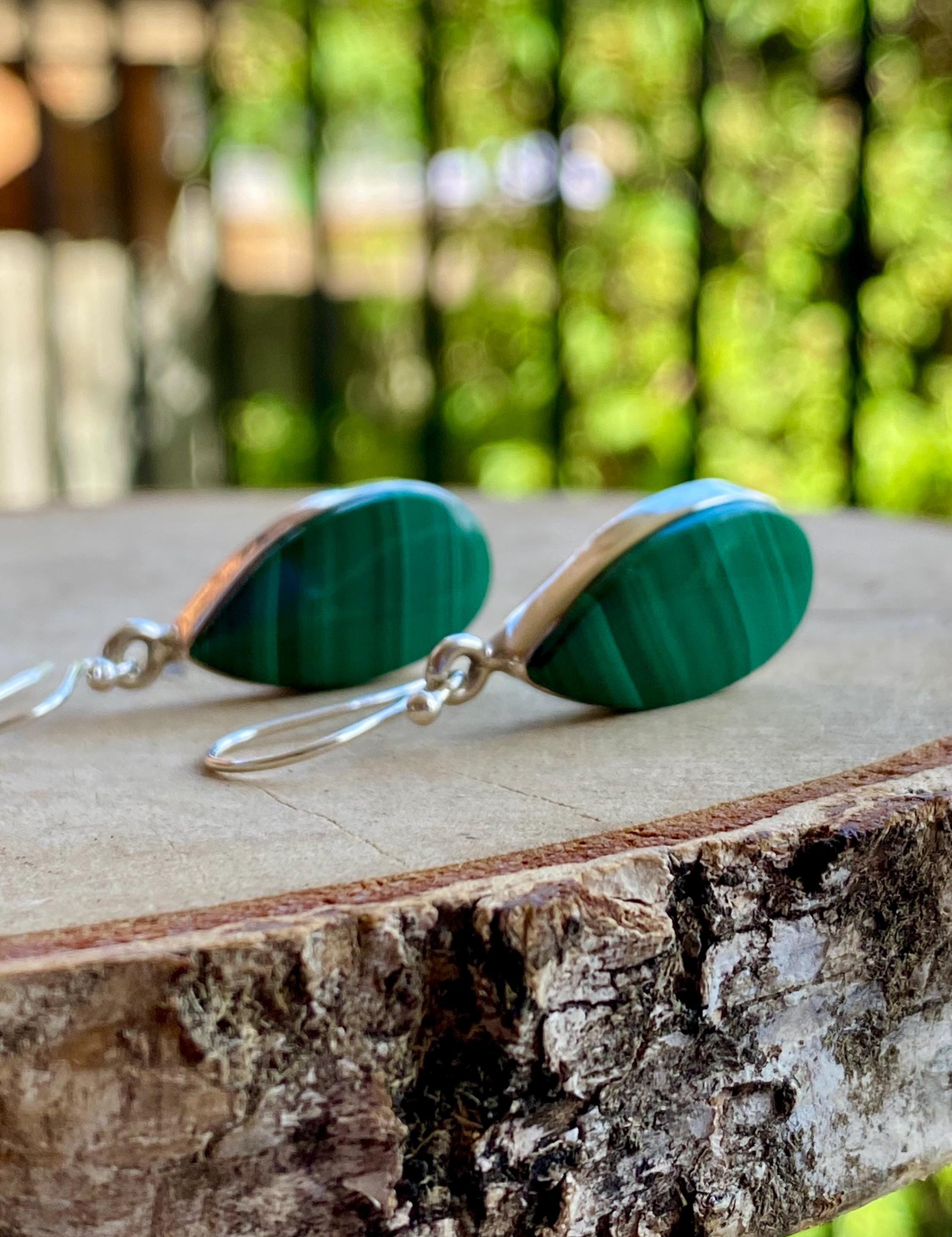 Natural Teardrop Malachite 925 Sterling Silver Dangle Earrings