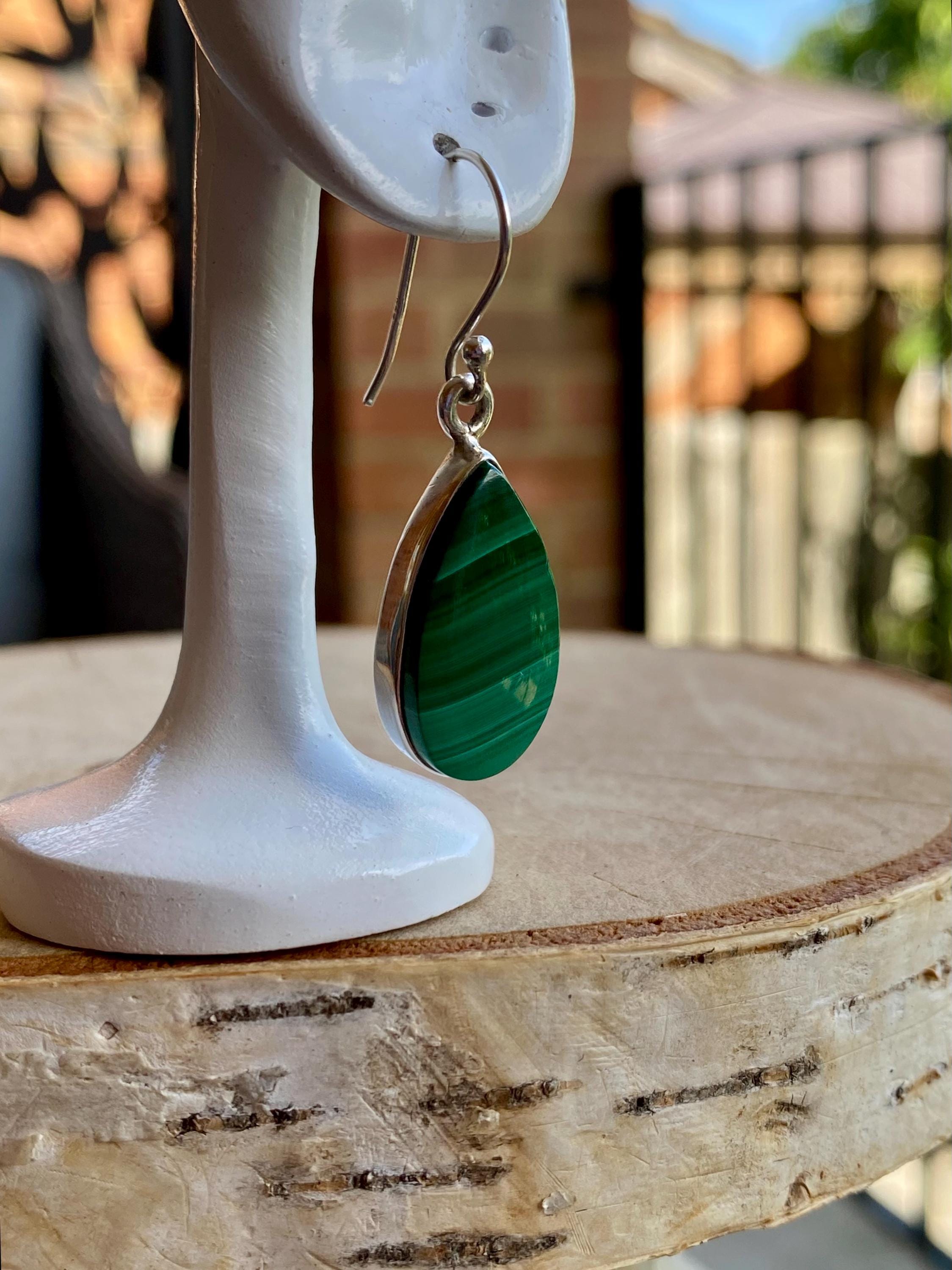 Natural Teardrop Malachite 925 Sterling Silver Dangle Earrings