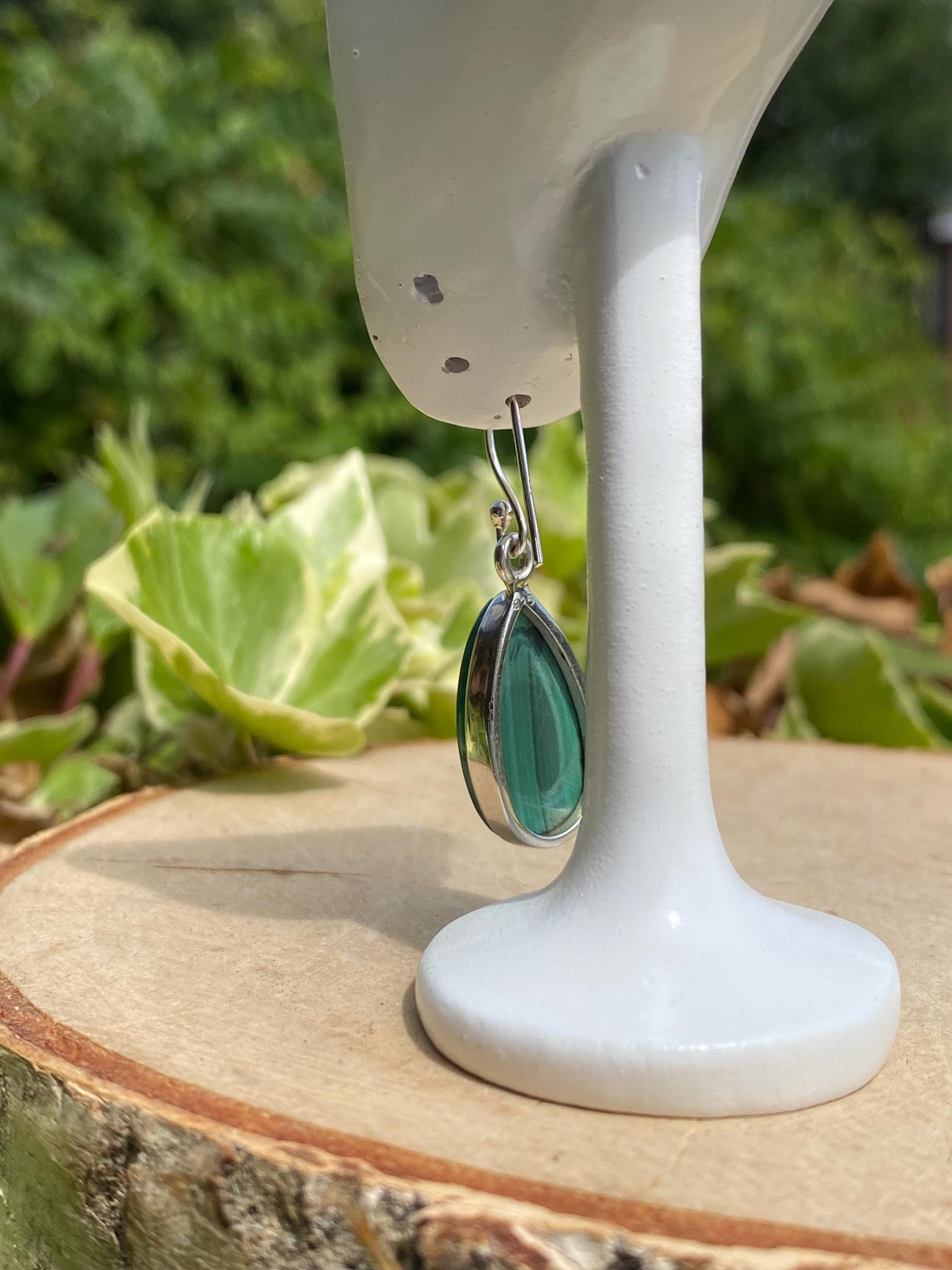 Natural Teardrop Malachite 925 Sterling Silver Dangle Earrings