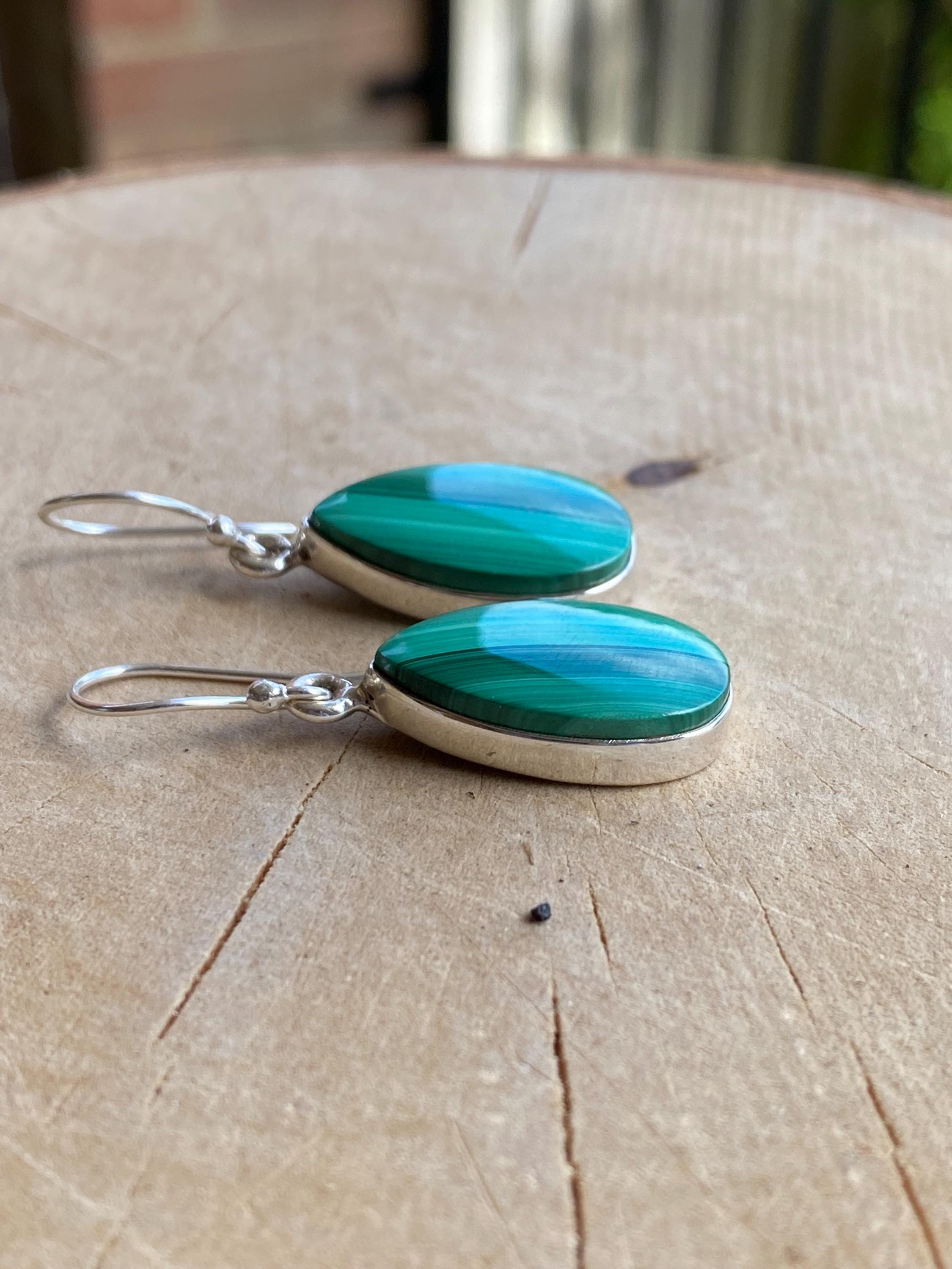 Natural Teardrop Malachite 925 Sterling Silver Dangle Earrings