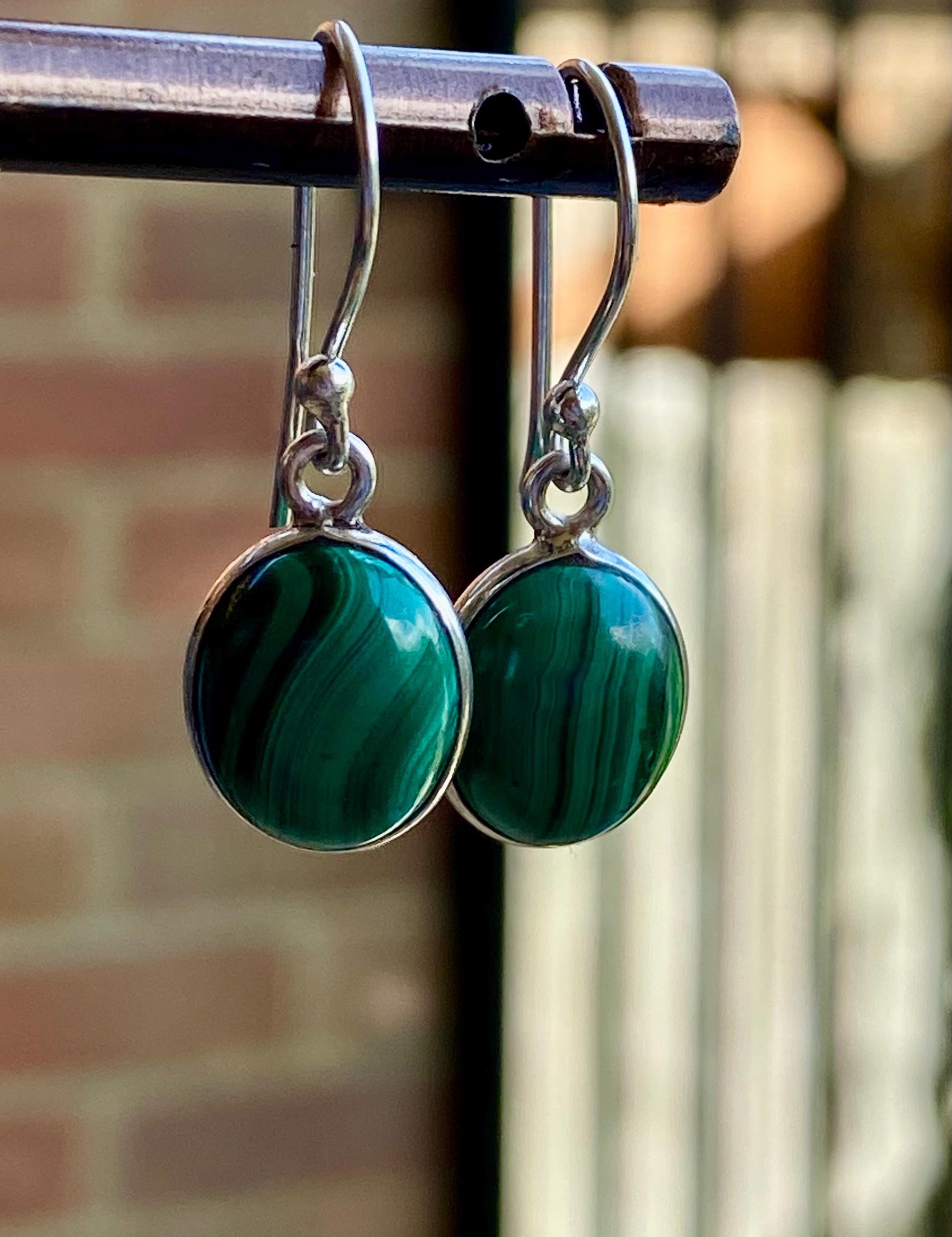 Natural Oval Malachite 925 Sterling Silver Dangle Earrings