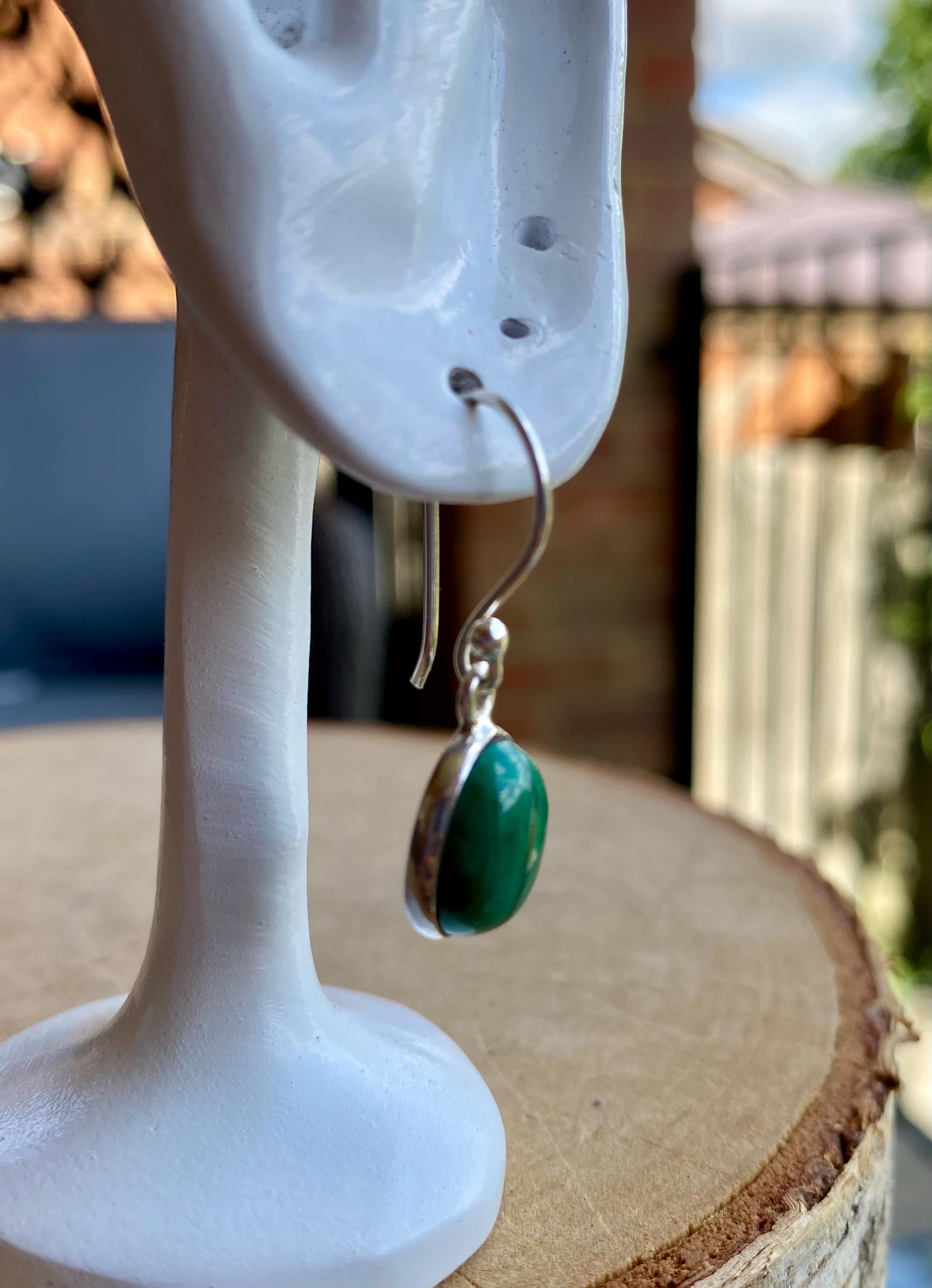 Natural Oval Malachite 925 Sterling Silver Dangle Earrings