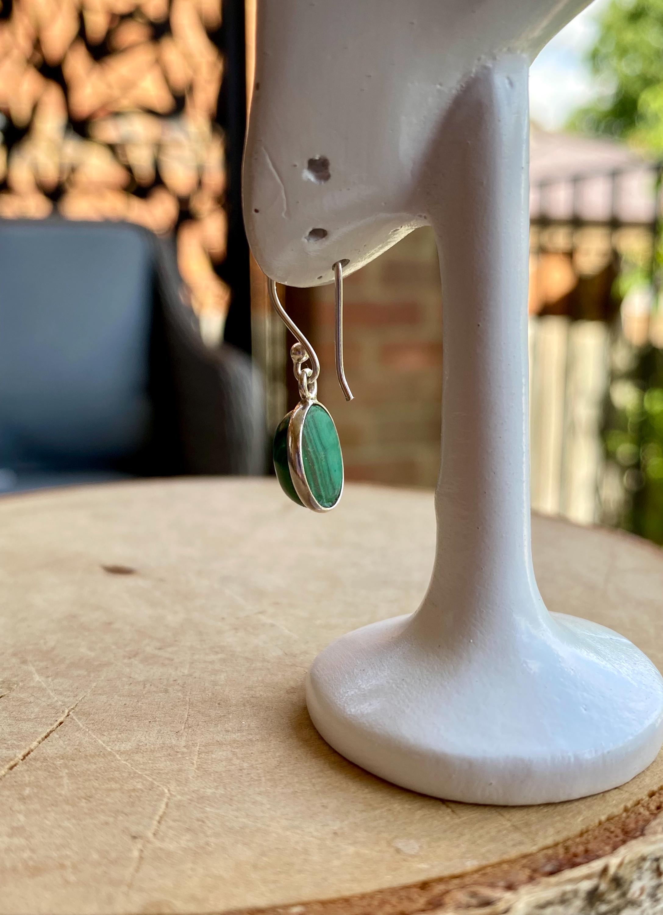 Natural Oval Malachite 925 Sterling Silver Dangle Earrings