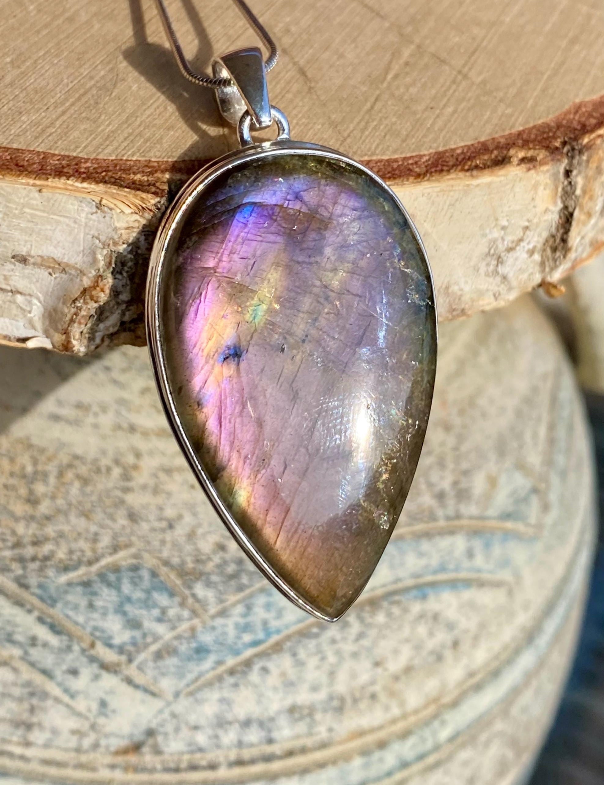 Rare Inverted Teardrop Purple Labradorite 925 Silver Pendant