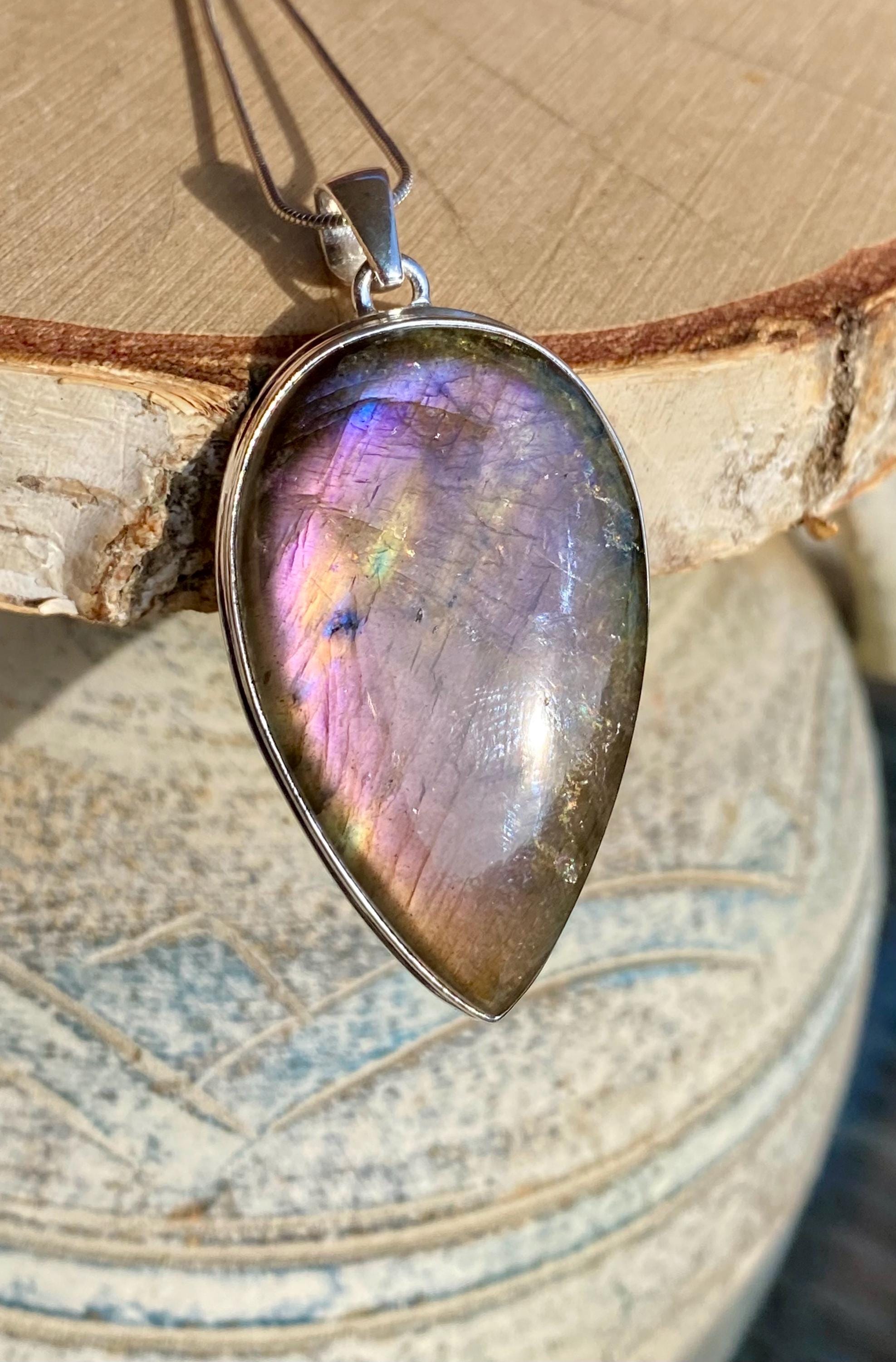 Rare Inverted Teardrop Purple Labradorite 925 Silver Pendant