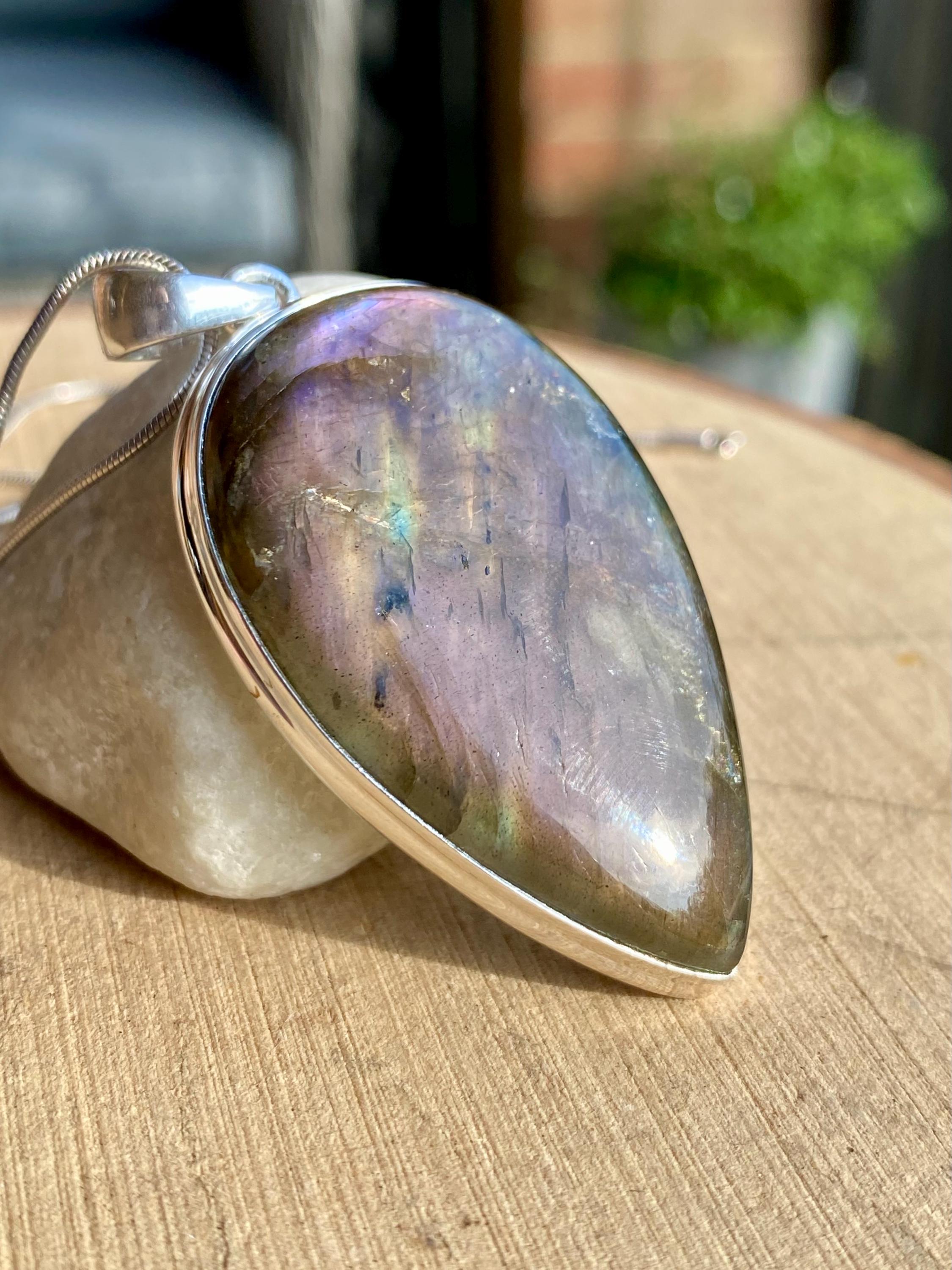 Rare Inverted Teardrop Purple Labradorite 925 Silver Pendant