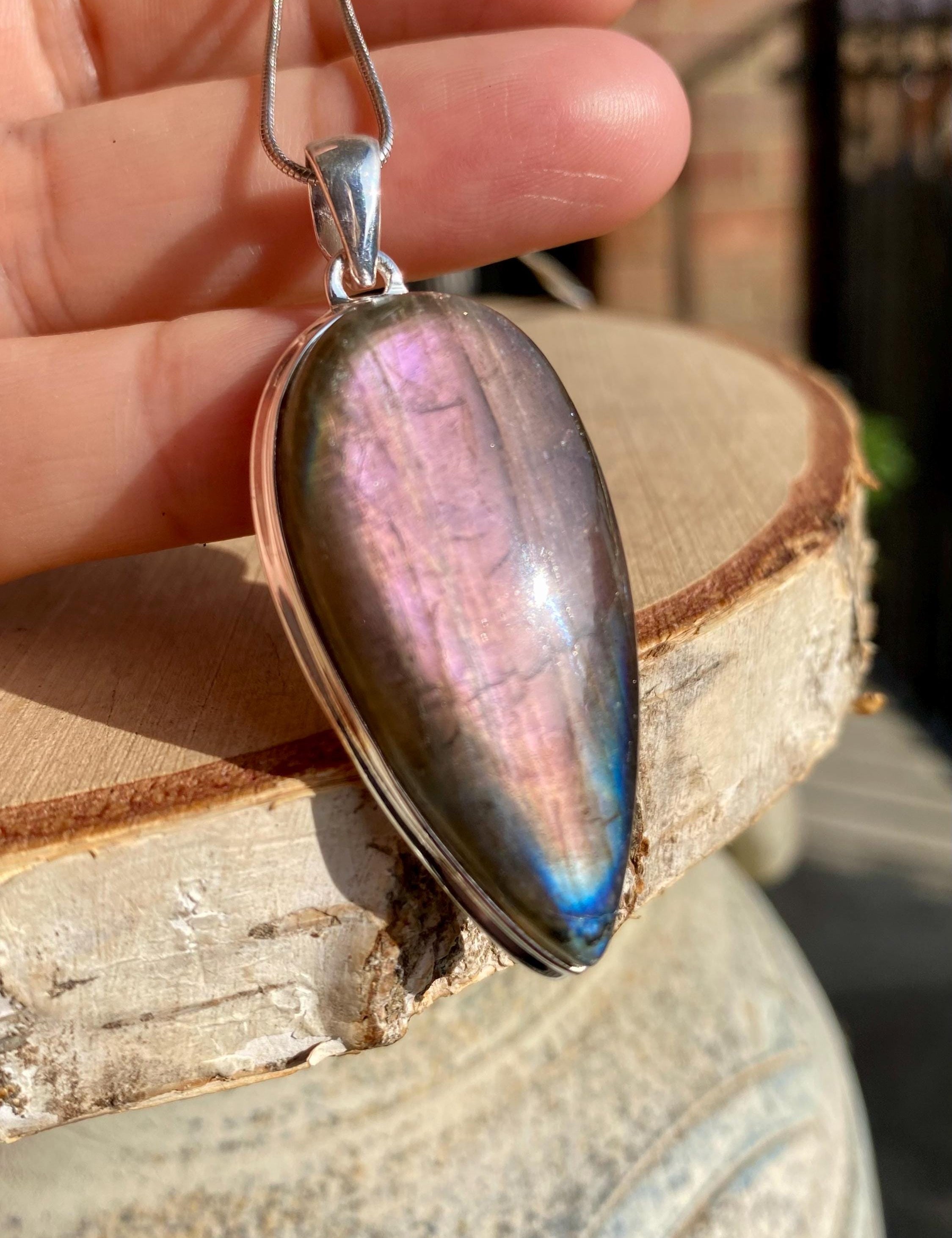 Rare Inverted Teardrop Purple Labradorite 925 Silver Pendant