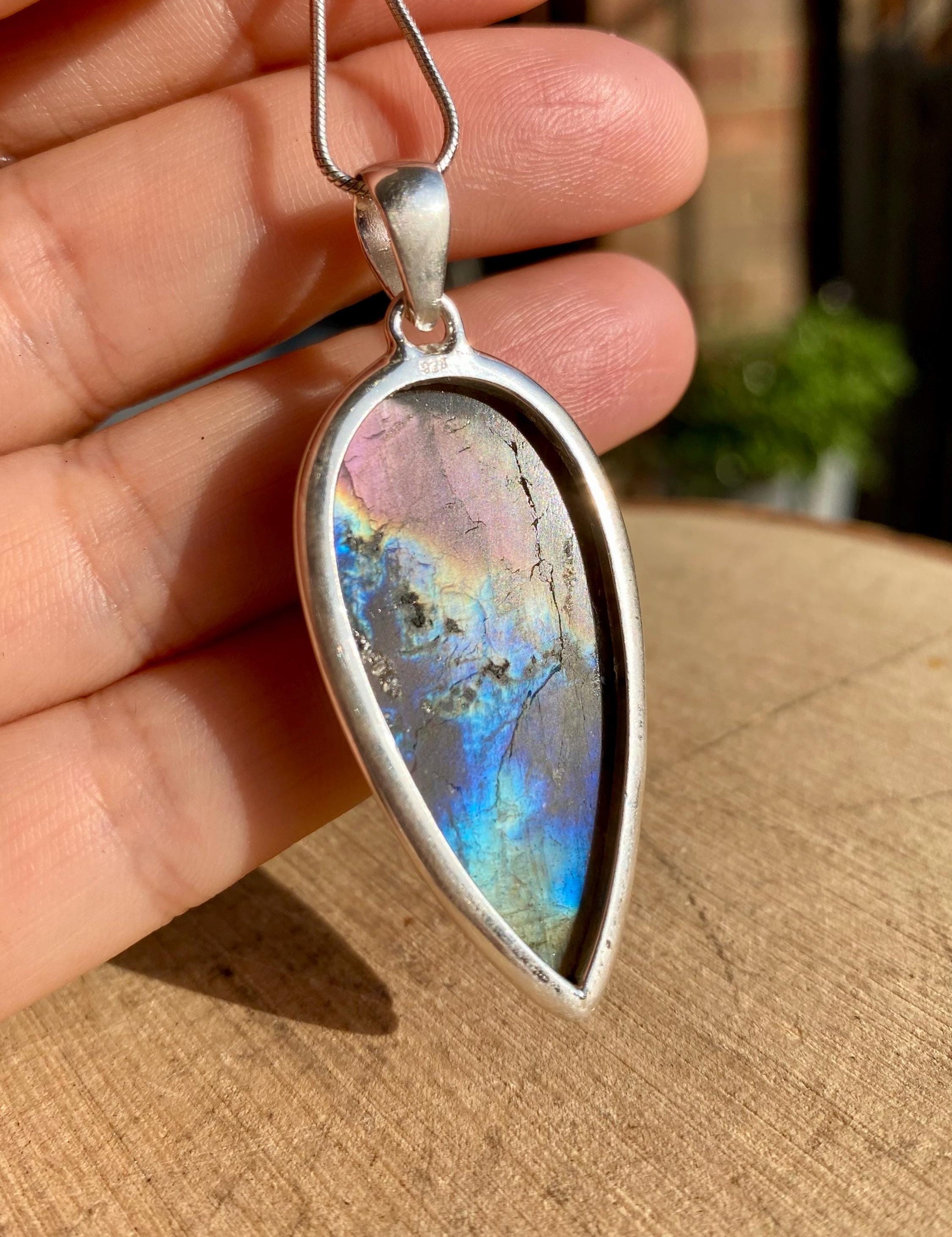 Rare Inverted Teardrop Purple Labradorite 925 Silver Pendant