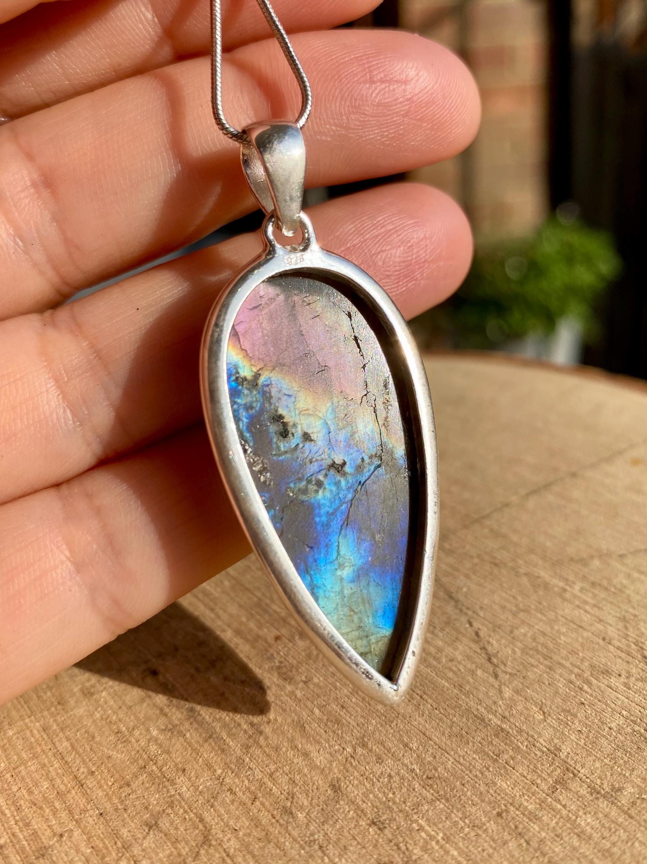 Rare Inverted Teardrop Purple Labradorite 925 Silver Pendant