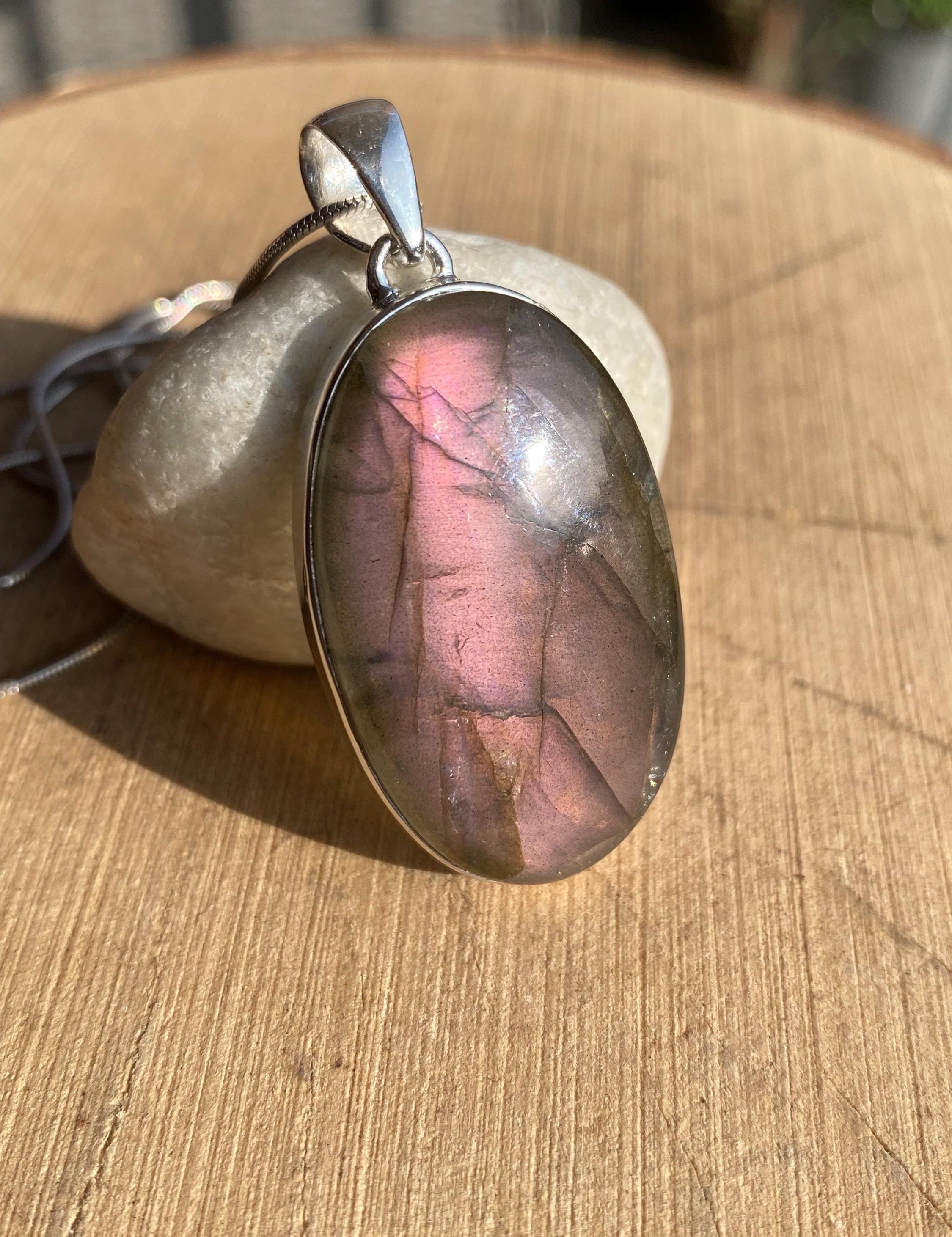 Rare Oval Purple Labradorite 925 Silver Pendant