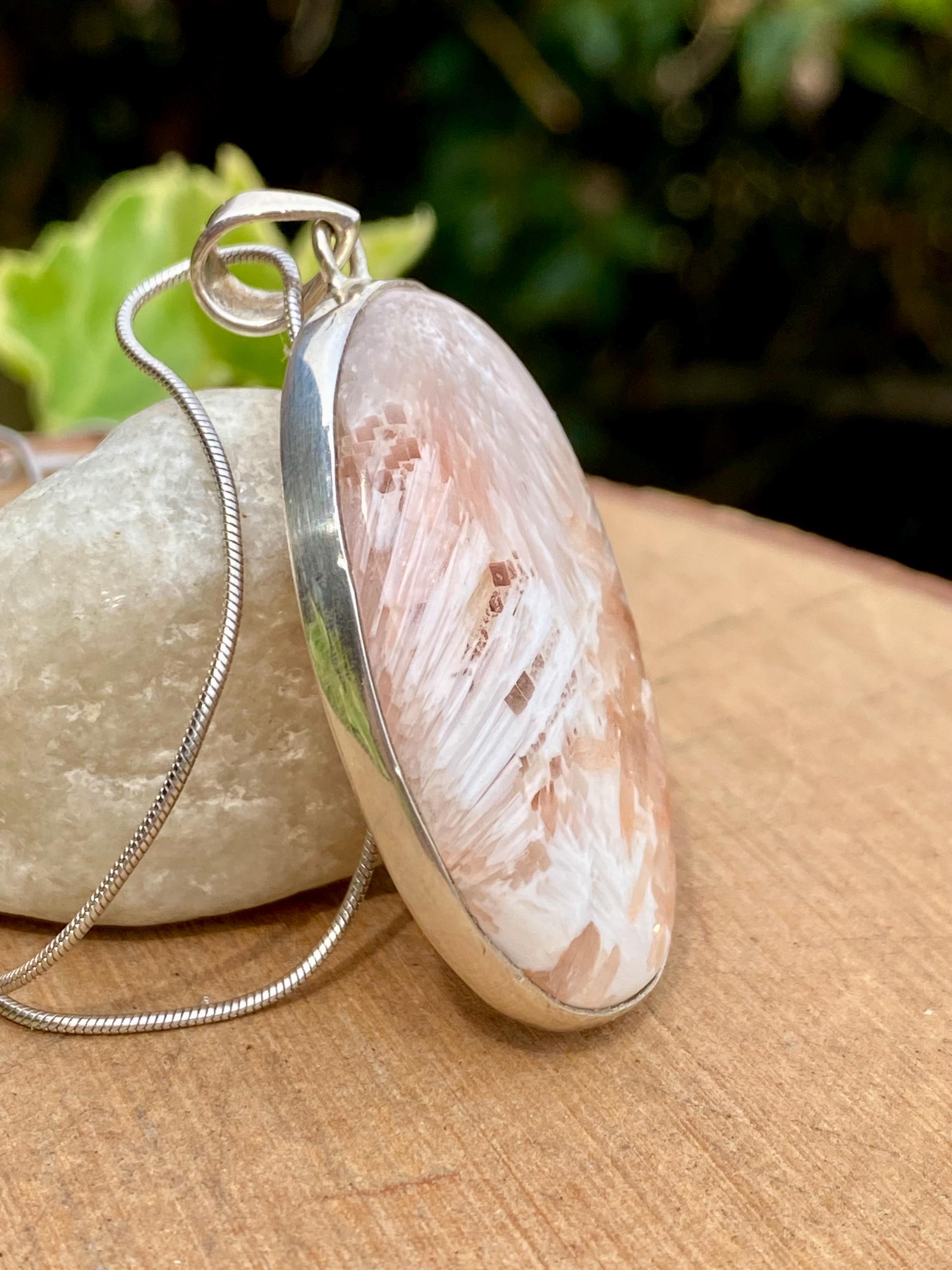 Peach Scolecite, Oval 43x26mm, 925 Sterling Silver, Handmade UK Gift