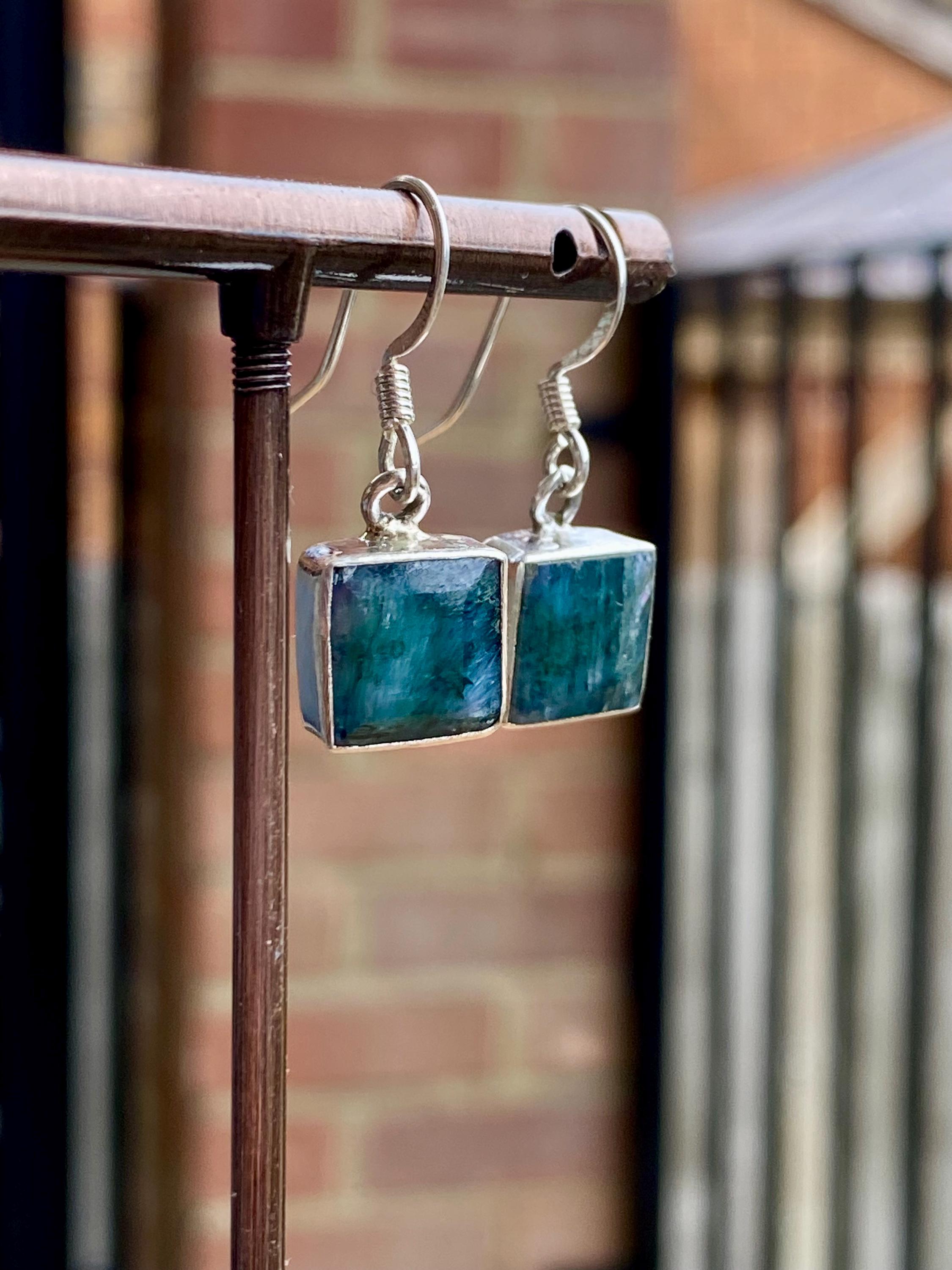 Raw Emerald and Silver Dangle Earrings