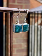 Raw Emerald Dangle Earrings, Princess Cut, Square 9mm x 9mm, Sterling Silver, Handmade UK