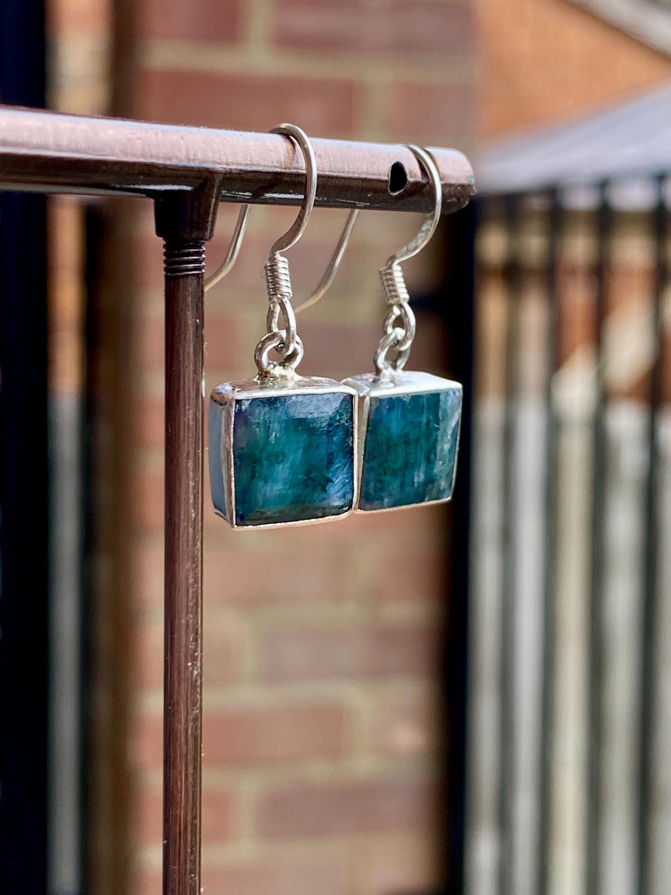 Raw Emerald Dangle Earrings, Princess Cut, Square 9mm x 9mm, Sterling Silver, Handmade UK