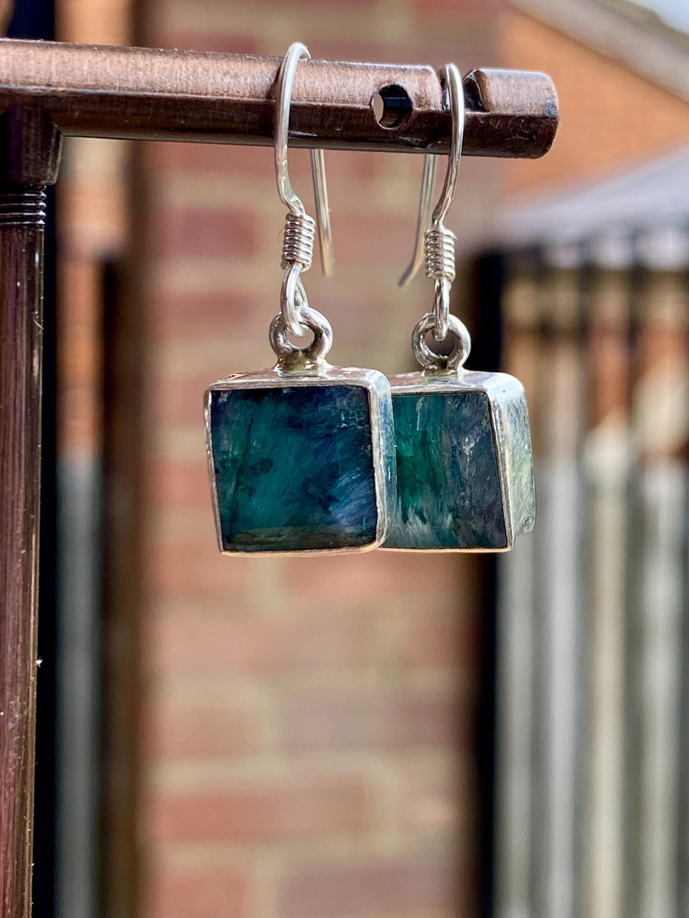 Raw Emerald Dangle Earrings, Princess Cut, Square 9mm x 9mm, Sterling Silver, Handmade UK