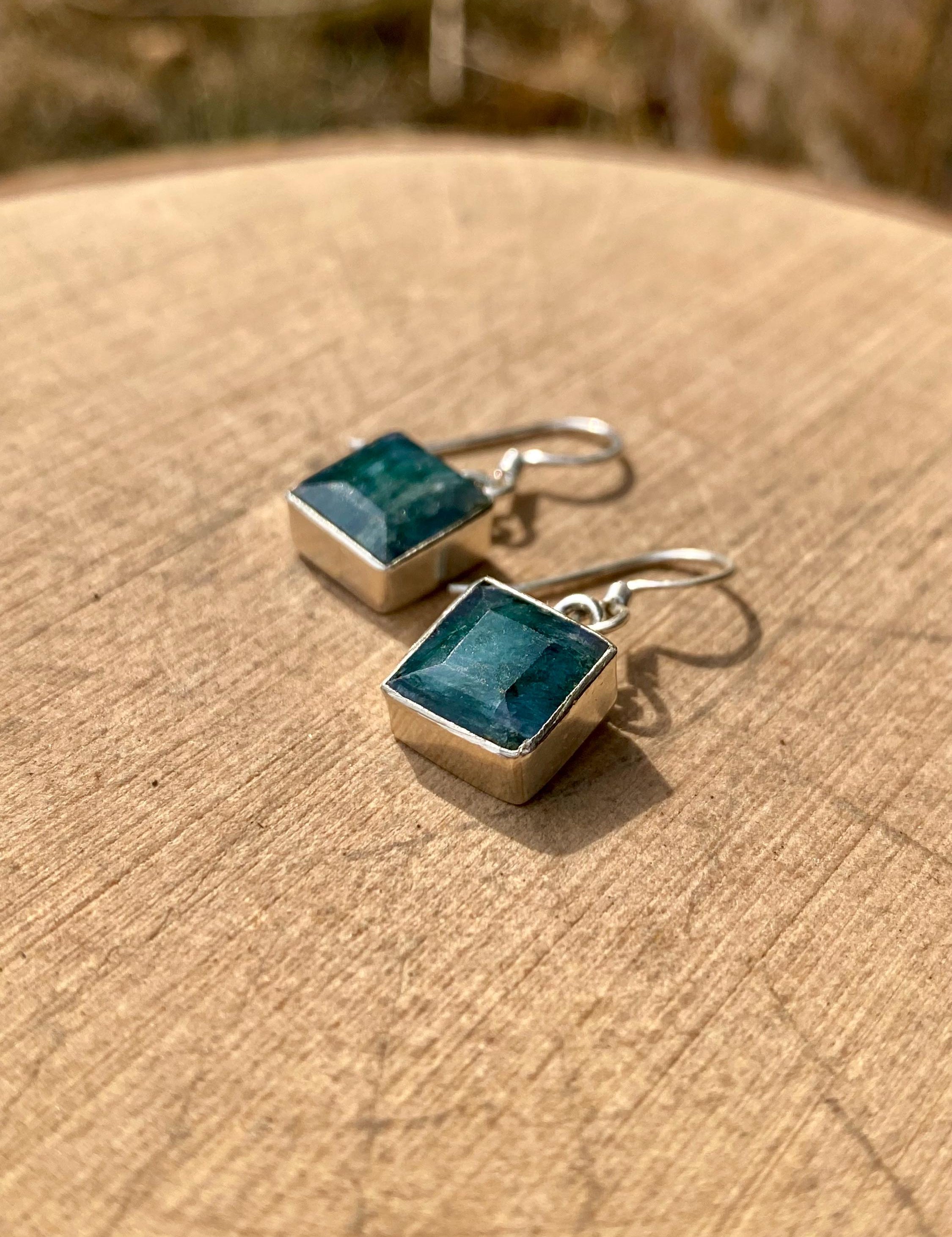 Raw Emerald and Silver Dangle Earrings