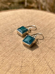 Raw Emerald Dangle Earrings, Princess Cut, Square 9mm x 9mm, Sterling Silver, Handmade UK