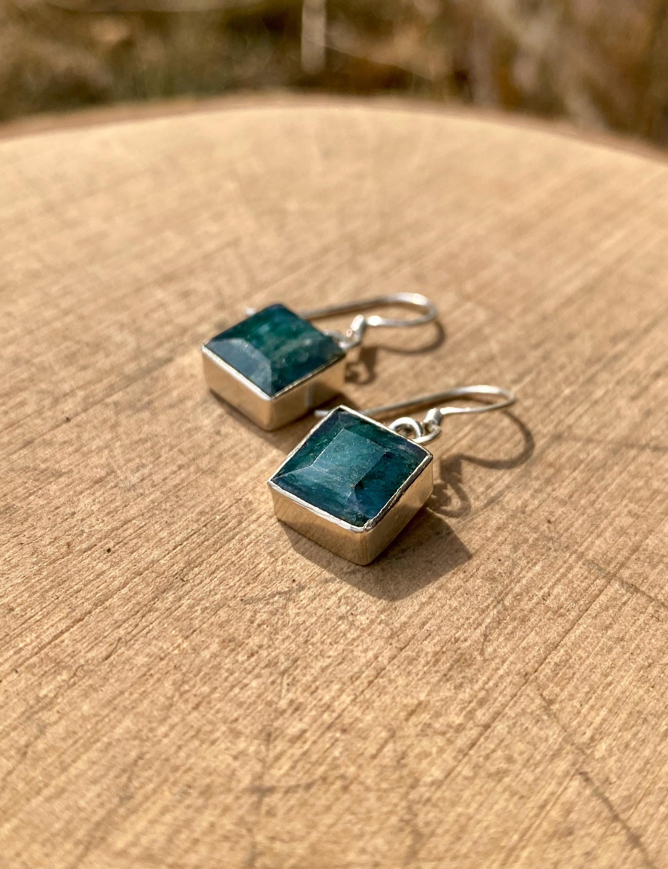 Raw Emerald Dangle Earrings, Princess Cut, Square 9mm x 9mm, Sterling Silver, Handmade UK