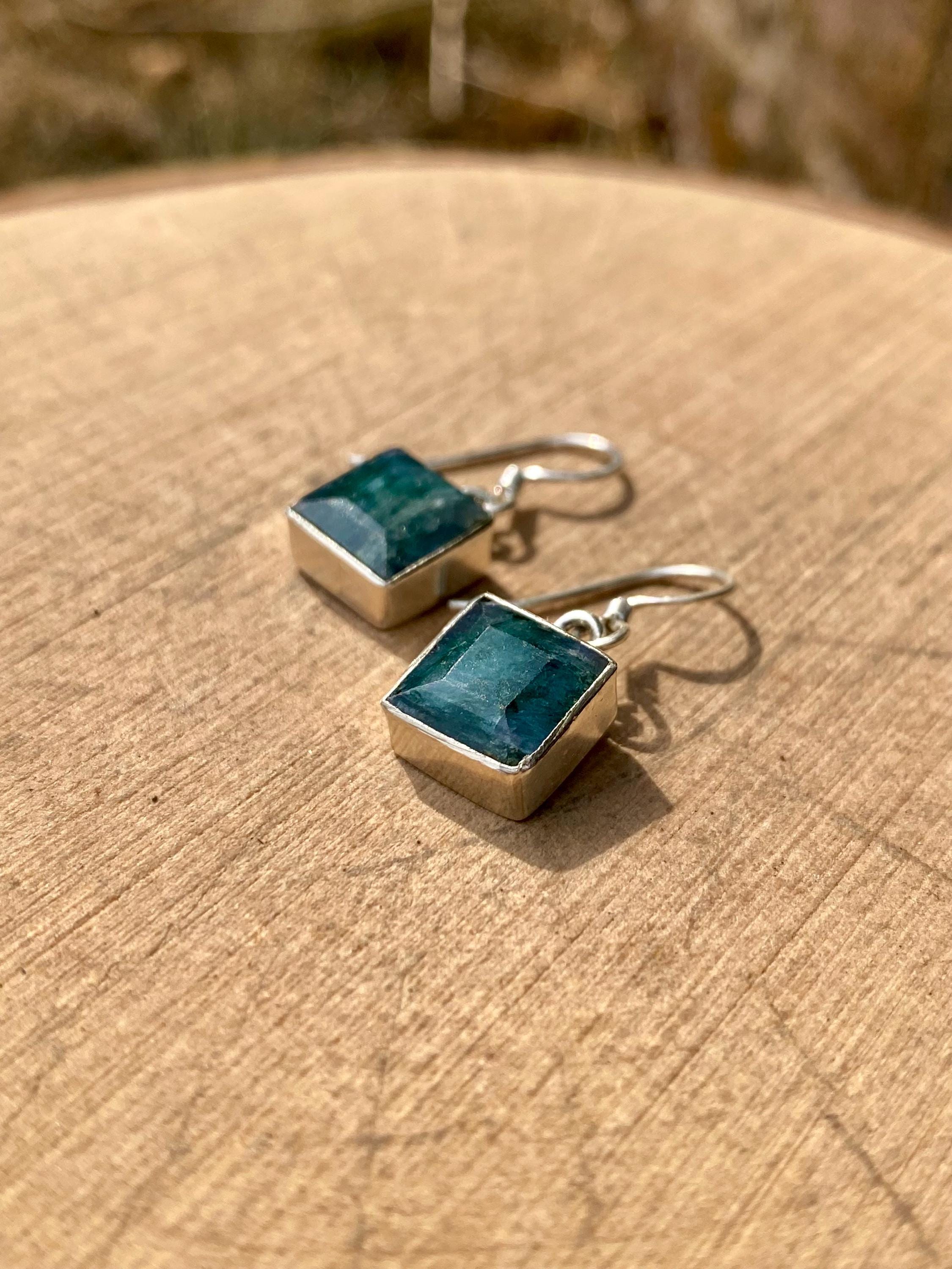 Raw Emerald Dangle Earrings, Princess Cut, Square 9mm x 9mm, Sterling Silver, Handmade UK