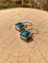 Raw Emerald Dangle Earrings, Princess Cut, Square 9mm x 9mm, Sterling Silver, Handmade UK