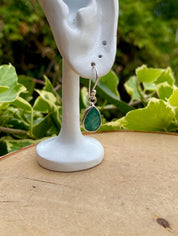 Raw Emerald Dangle Earrings, Teardrop 12mm x 8mm, Sterling Silver, Handmade UK