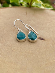 Raw Emerald Dangle Earrings, Teardrop 12mm x 8mm, Sterling Silver, Handmade UK