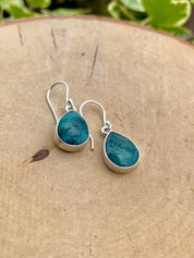 Raw Emerald Dangle Earrings, Teardrop 14mm x 10mm, Sterling Silver, Handmade UK