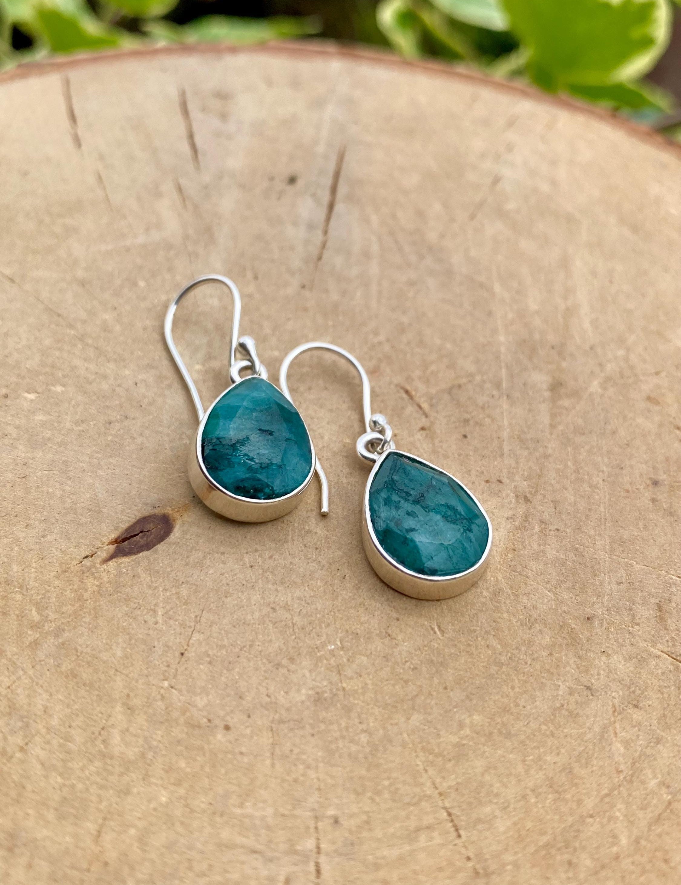 Raw Emerald Dangle Earrings, Teardrop 14mm x 10mm, Sterling Silver, Handmade UK