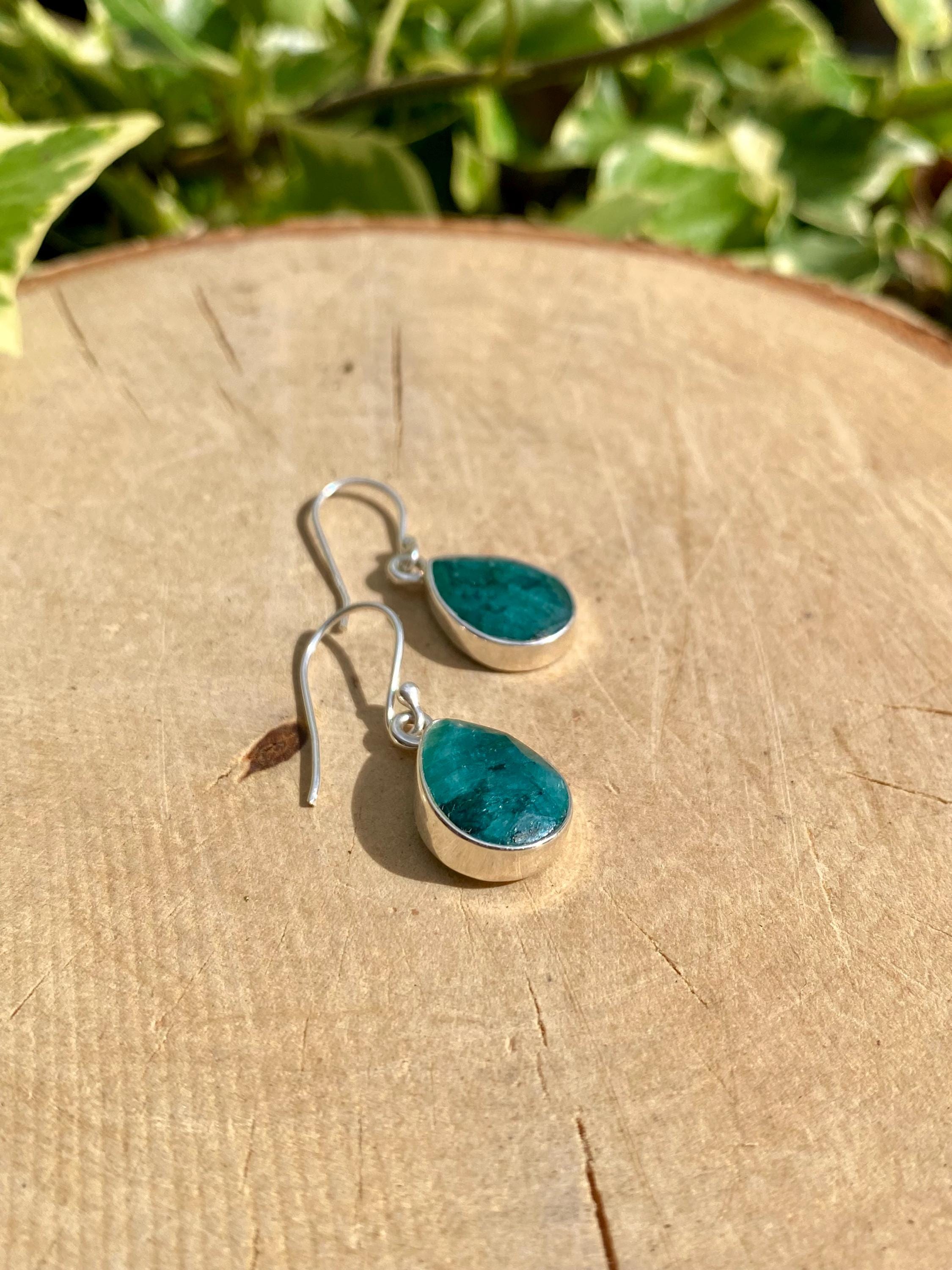 Raw Emerald Dangle Earrings, Teardrop 14mm x 10mm, Sterling Silver, Handmade UK