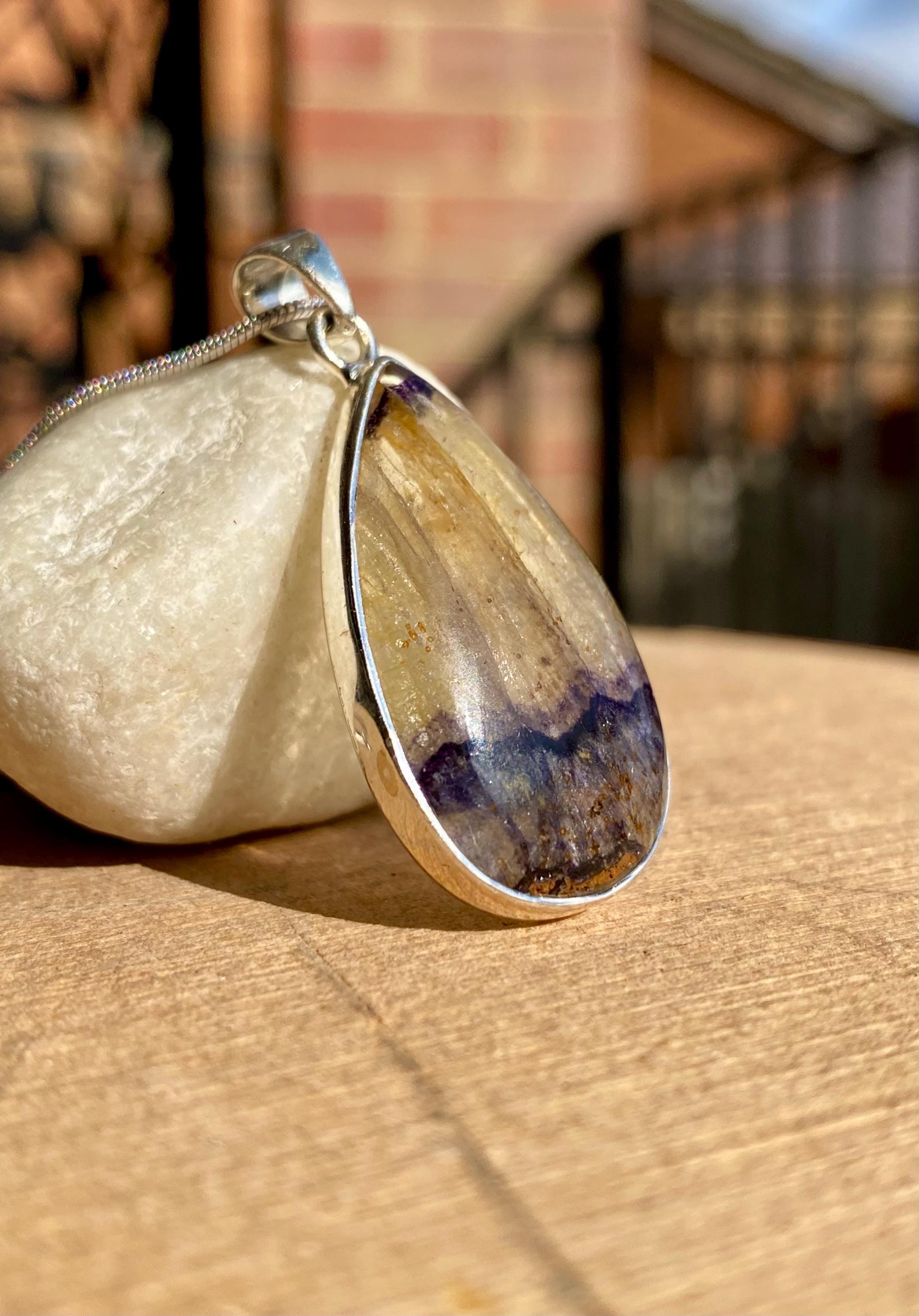 Rare Blue John Pendant, Teardrop 30mm x 18mm, Sterling Silver, Derbyshire UK