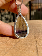 Rare Blue John Pendant, Teardrop 30mm x 18mm, Sterling Silver, Derbyshire UK