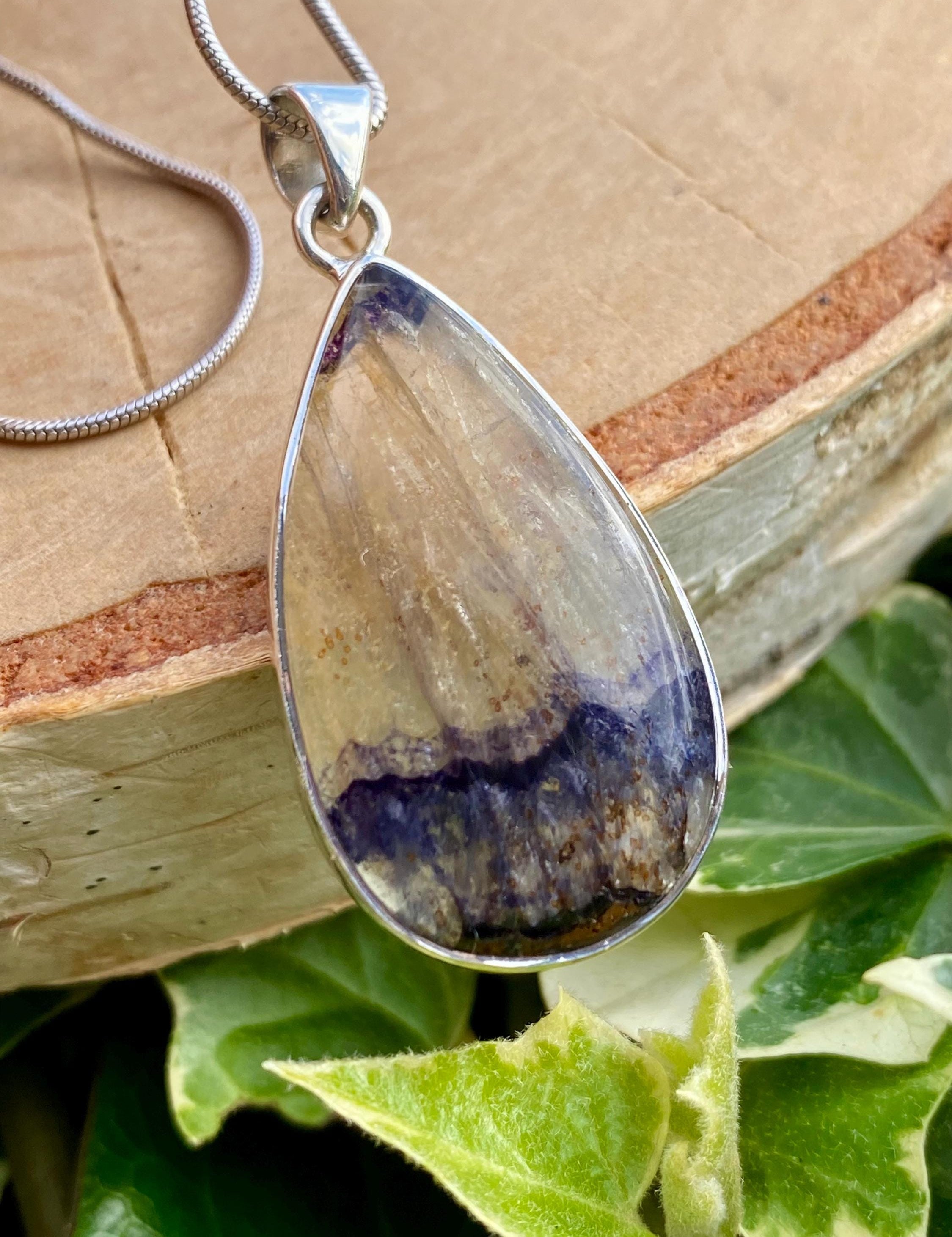 Rare Blue John Pendant, Teardrop 30mm x 18mm, Sterling Silver, Derbyshire UK