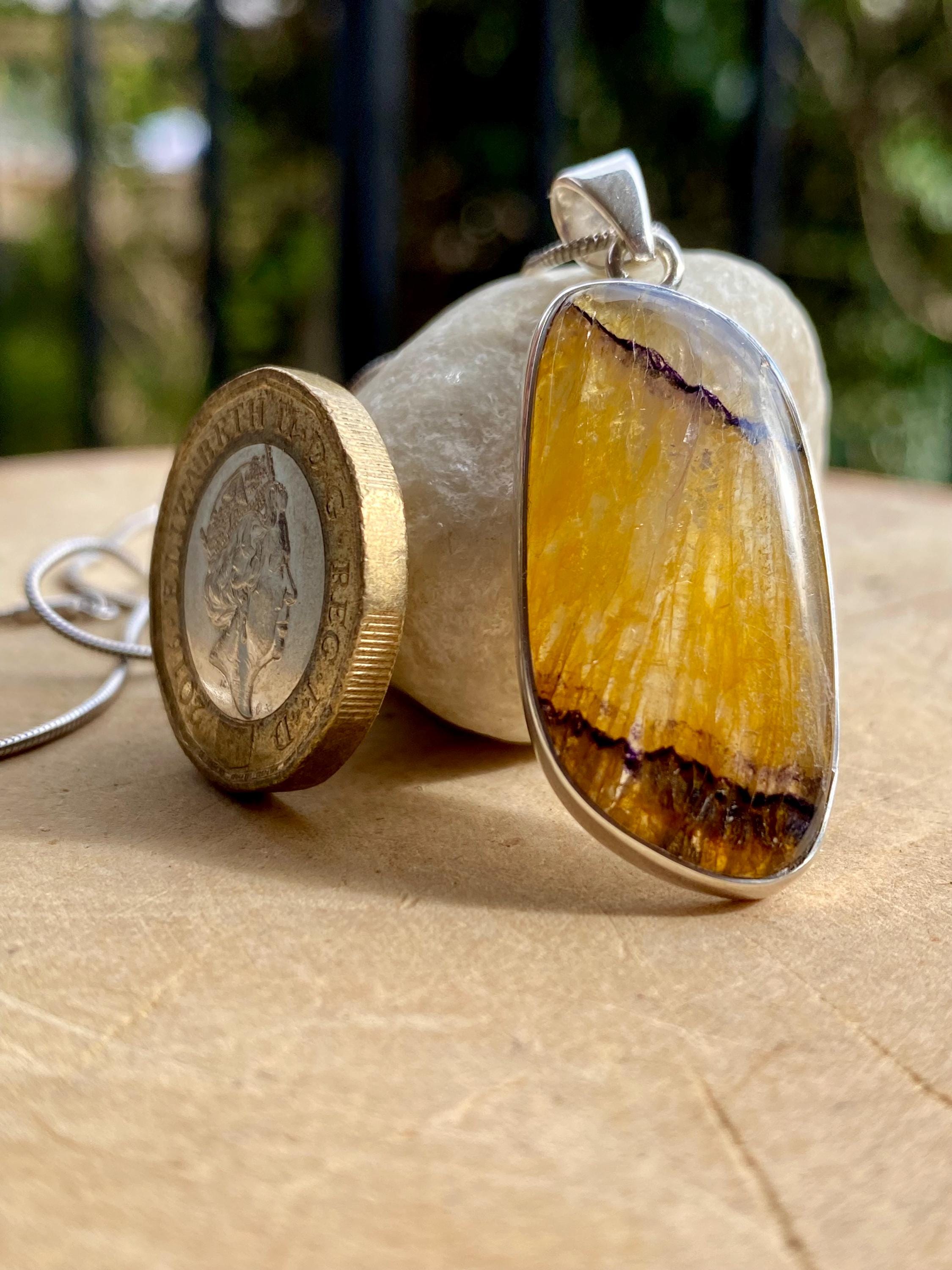 Rare Blue John Pendant, Rectangle 32mm x 15mm, Sterling Silver, Derbyshire UK