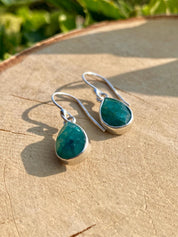 Raw Emerald Dangle Earrings, Teardrop 12mm x 8mm, Sterling Silver, Handmade UK
