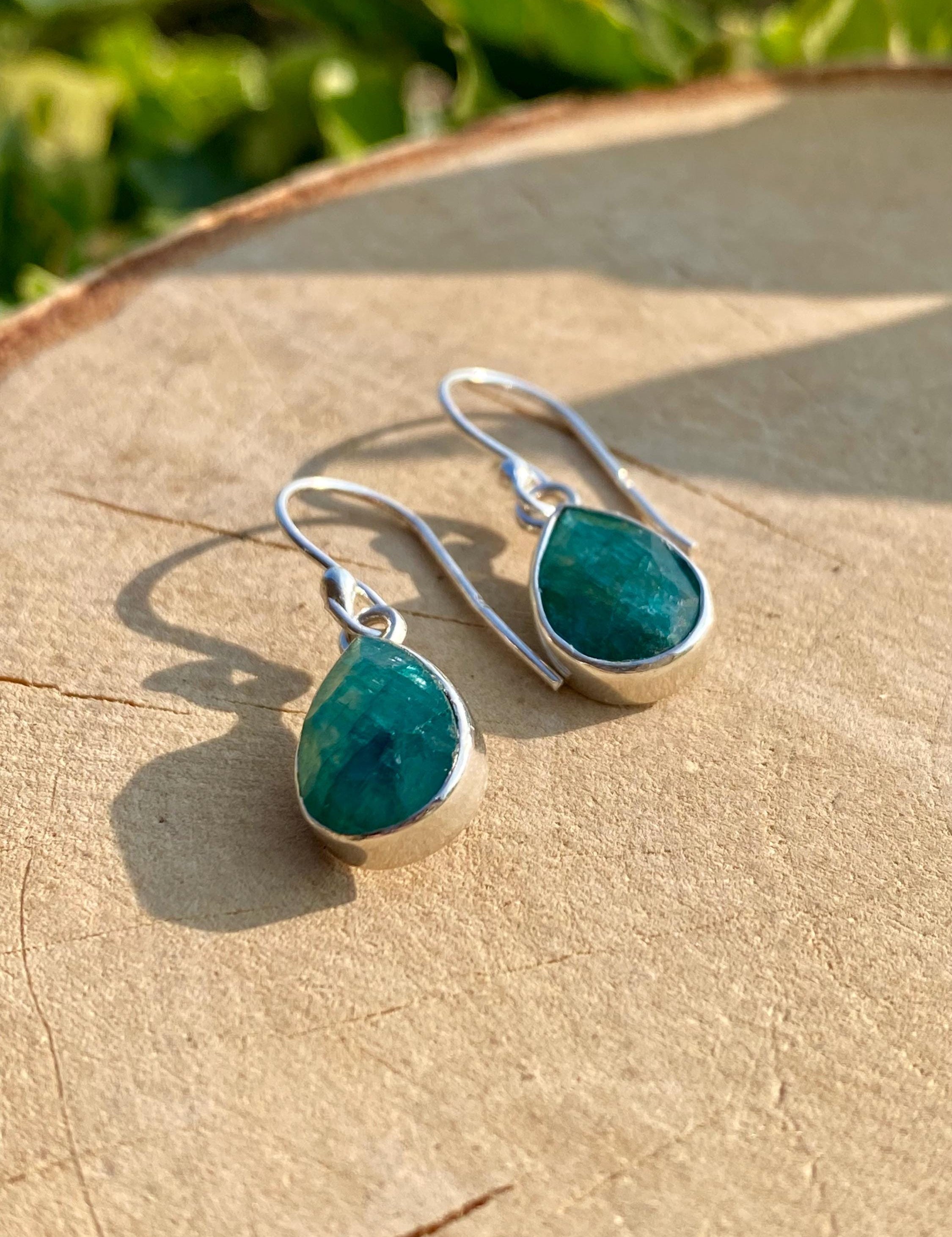 Raw Emerald Dangle Earrings, Teardrop 12mm x 8mm, Sterling Silver, Handmade UK